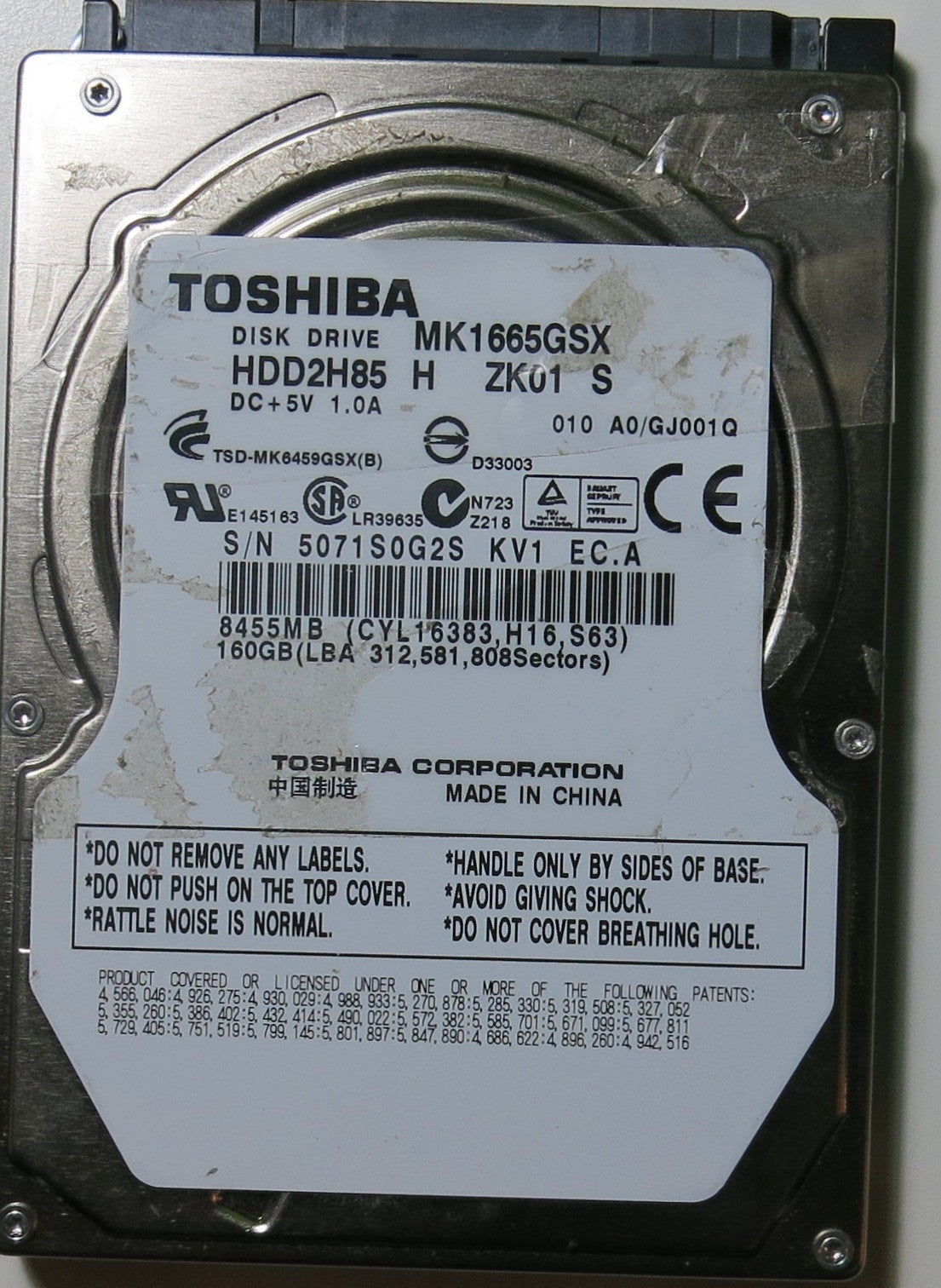 MK1665GSX HDD2H85 H ZK01 S PCB G002641A,  160.GB