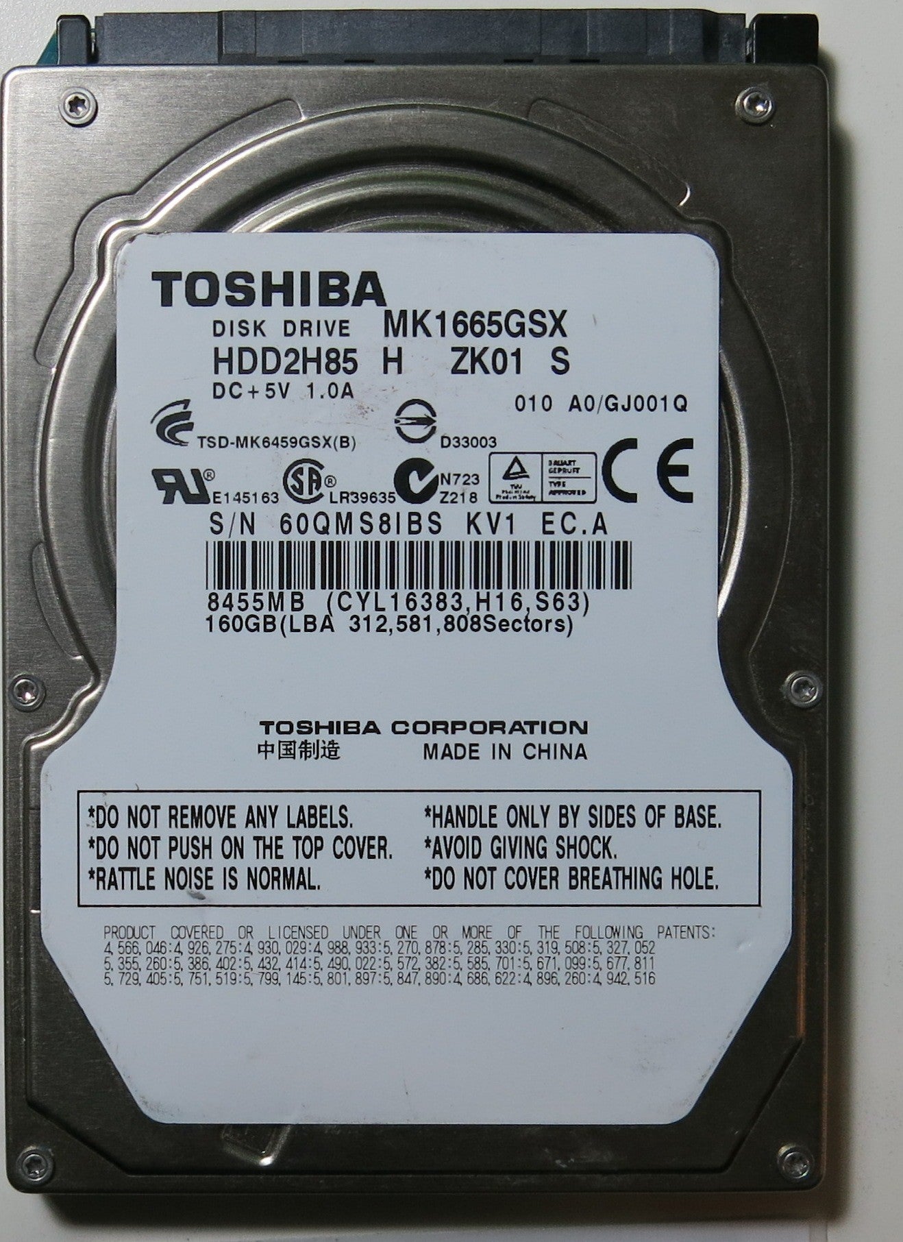 MK1665GSX HDD2H85 H ZK01 S PCB G002641A,  160.GB