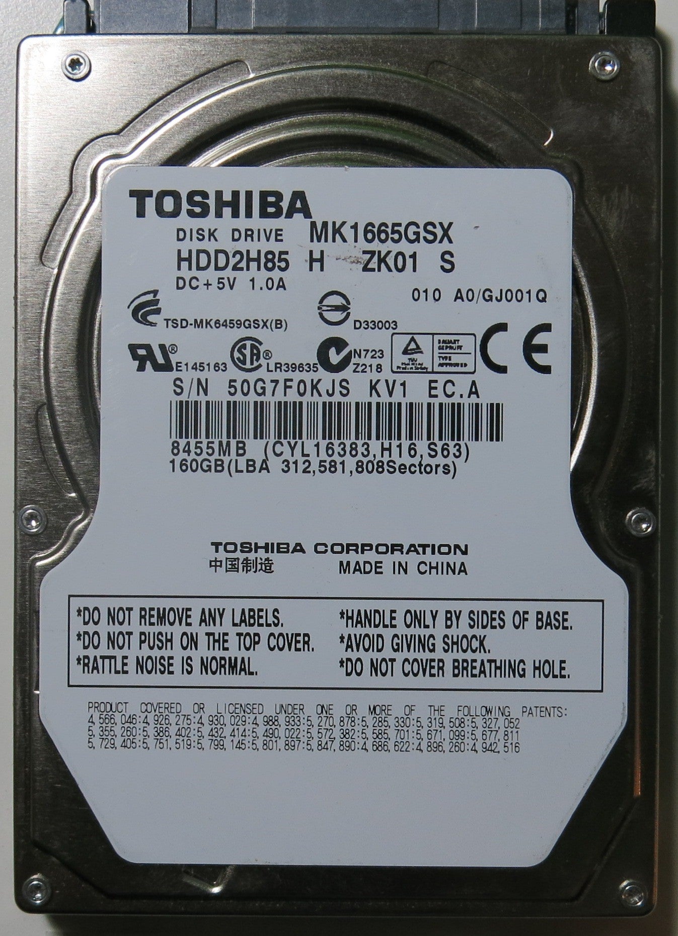 MK1665GSX HDD2H85 H ZK01 S, PCB: G002641A, SERIAL NUMBER: 50G7F0KJSKV1, 160.GB,