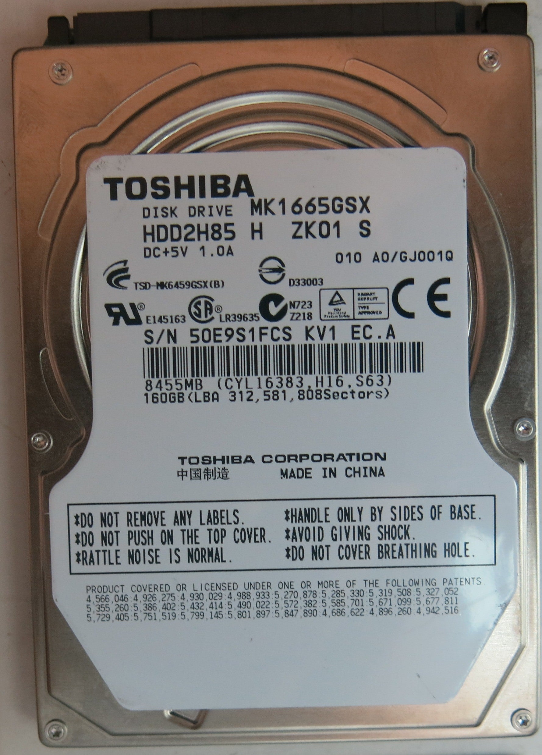 MK1665GSX HDD2H85 H ZK01 S PCB G002641A 160GB