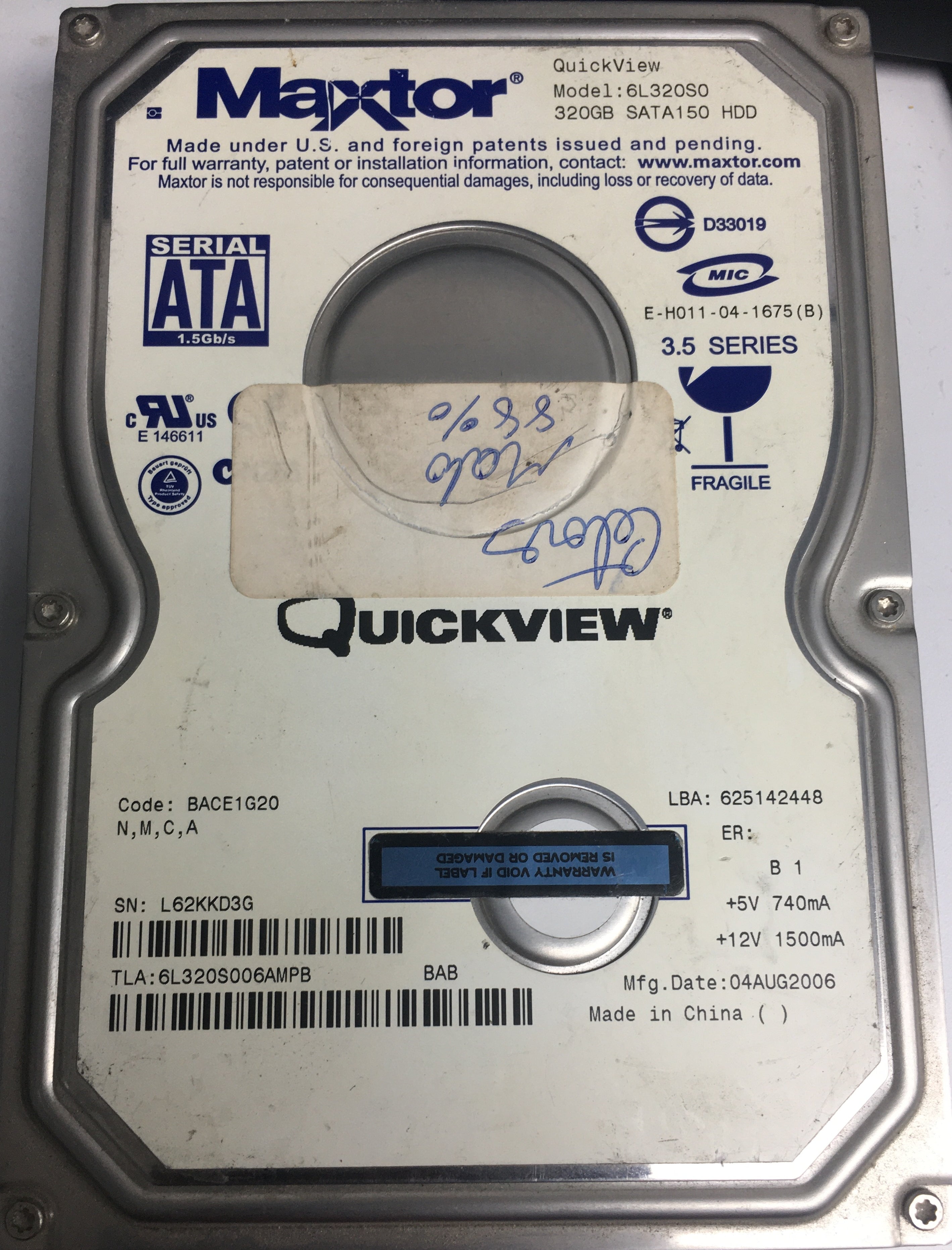 6L320S0,  Serial:L62KKD3G,  320GB 3.5,  PCB:302071101- REV A