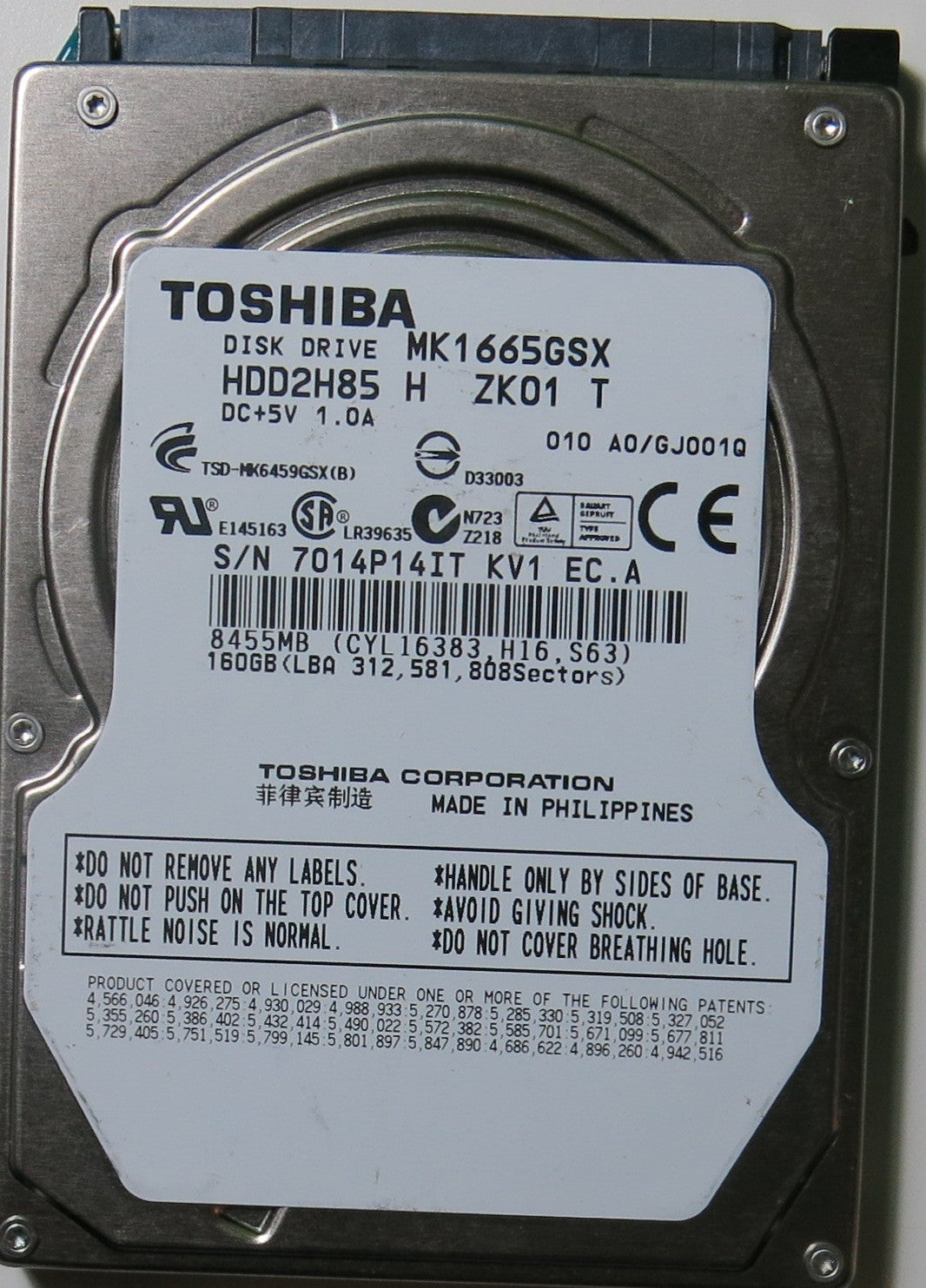 MK1665GSX HDD2H85 H ZK01 T PCB G002641A,  160.GB
