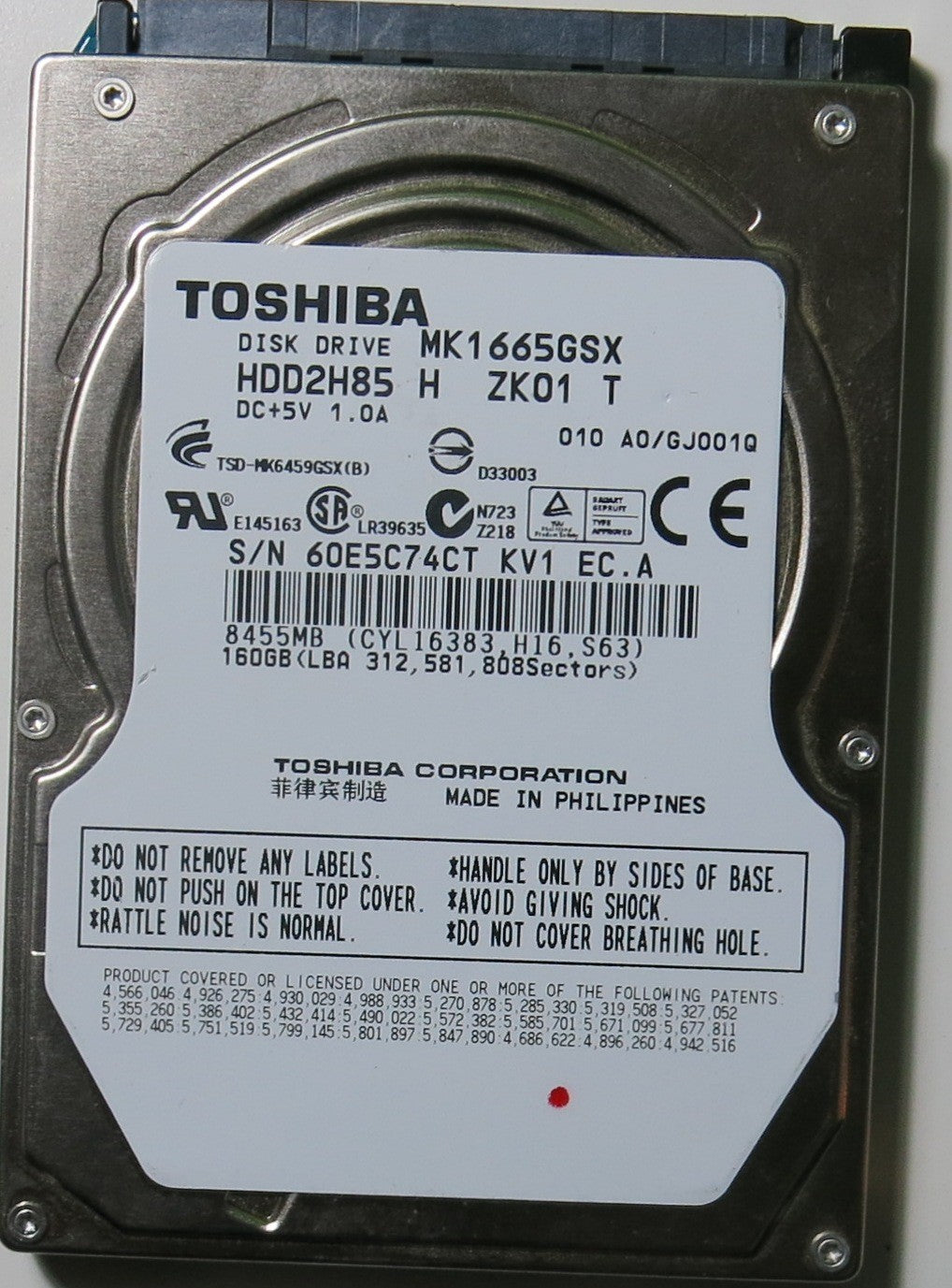 MK1665GSX HDD2H85 H ZK01 T, SERIAL NUMBER: 60E5C74CTKV1, PCB: G002641A, 160.GB