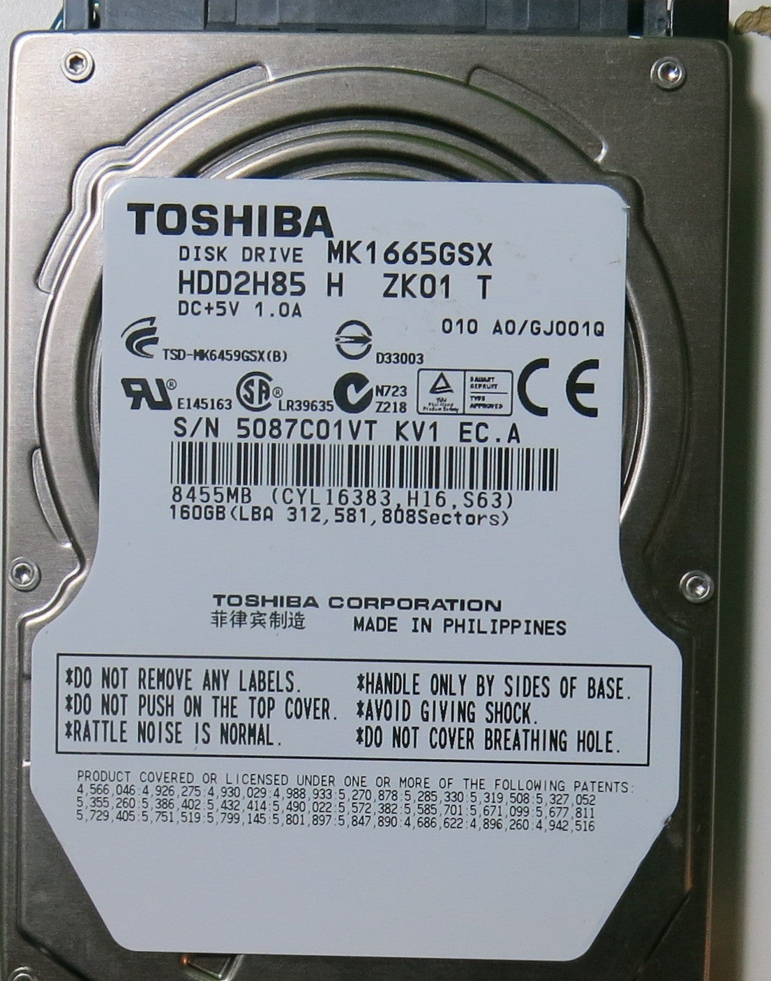 MK1665GSX HDD2H85 H ZK01 T PCB G002641A,  160.GB