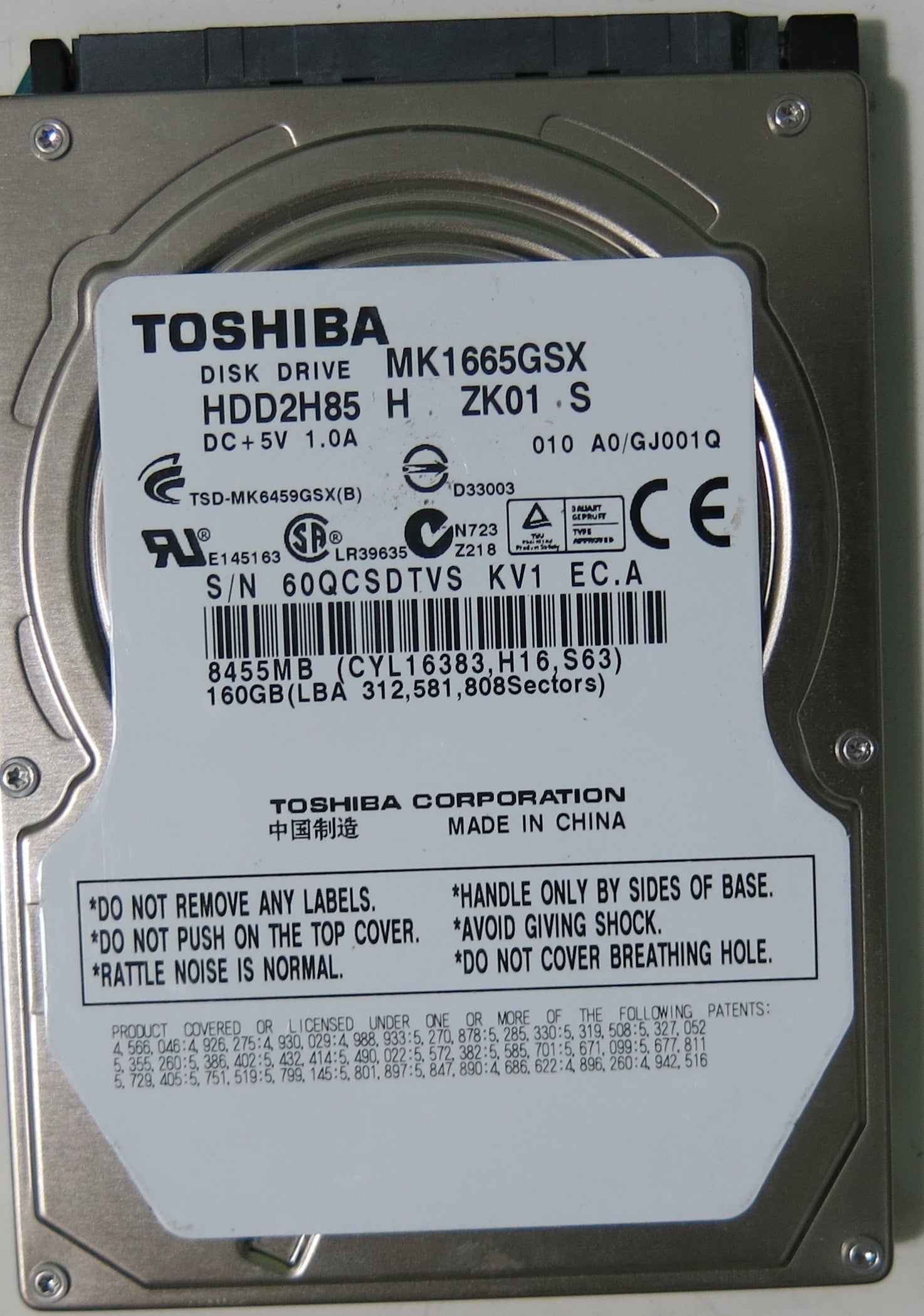 MK1665GSX HDD2H85 H ZK02 S PCB G002641A,  160.GB
