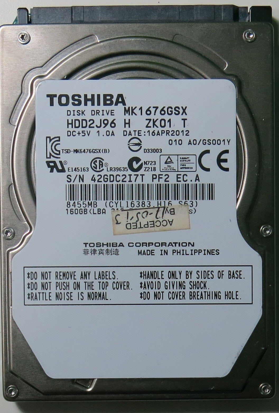 MK1676GSX HDD2J96 H ZK01 T PCB G002825A,  160.GB