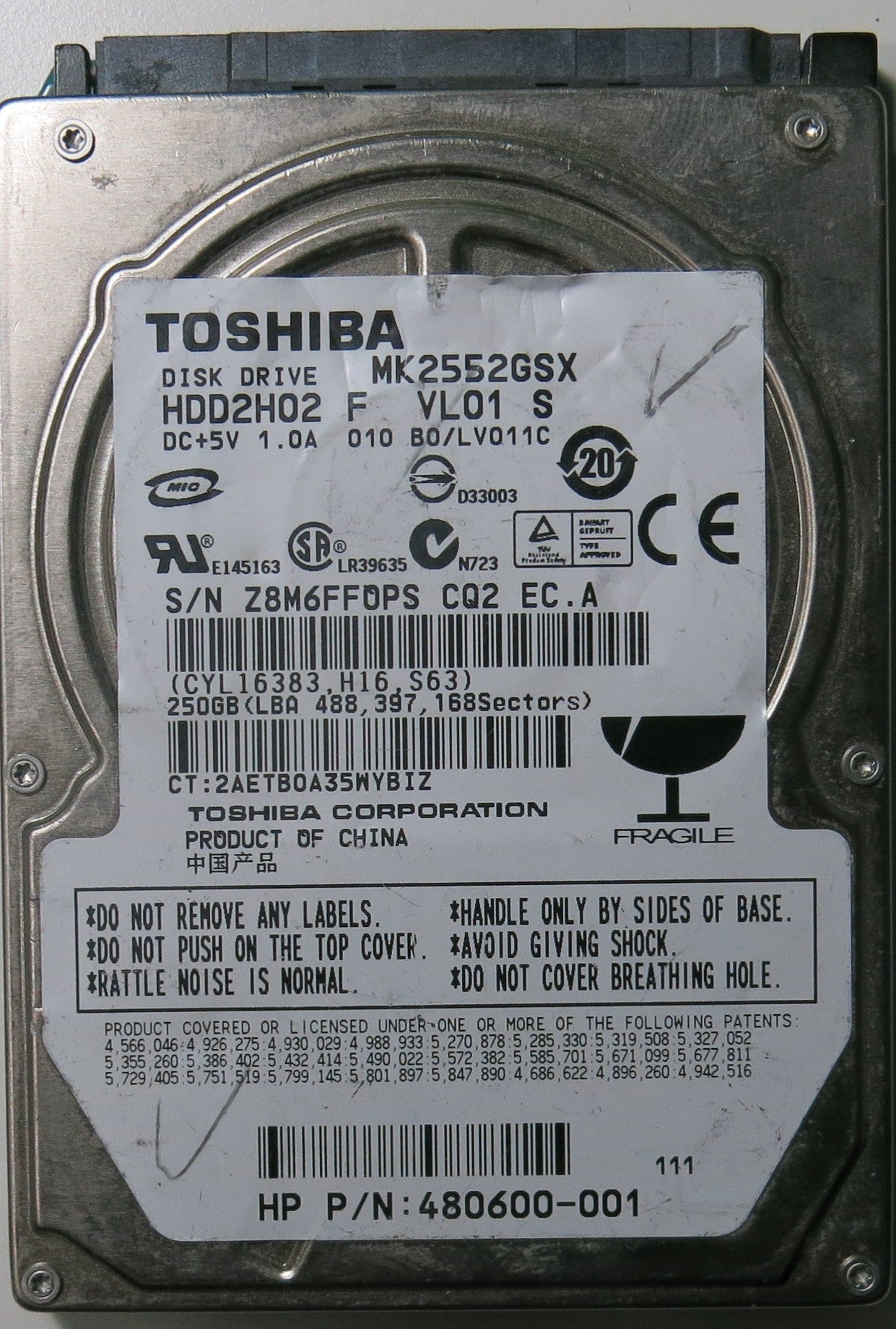 MK2552GSX HDD2H02 F VL01 S, SERIAL NUMBER: Z8M6FFOPSCQ2, PCB: G002217A, 250.GB,