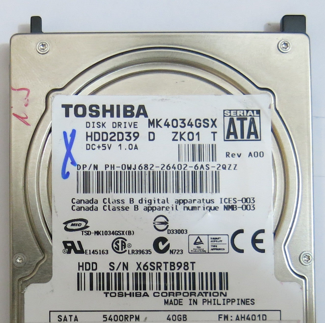 TOSHIBA MK4034GSX HDD2D39 D ZK01 T G5B001590000-A PCB