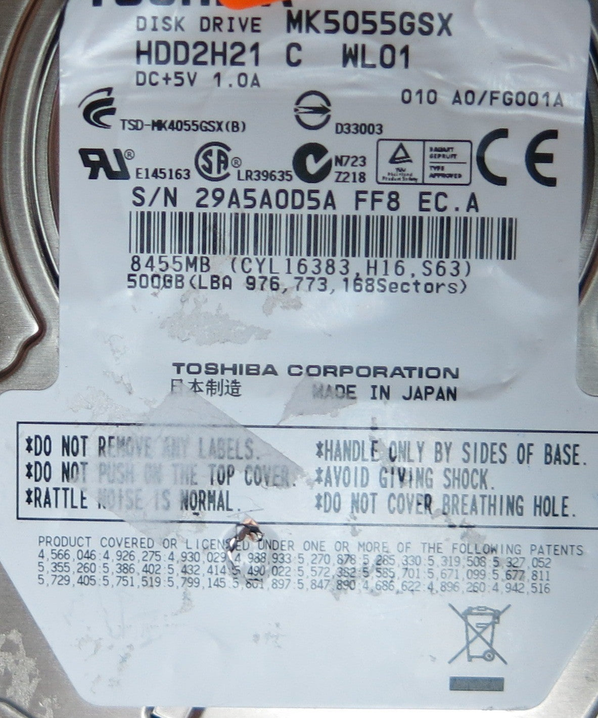 TOSHIBA MK5055GSX HDD2H21 C WL01, G002439-0A PCB