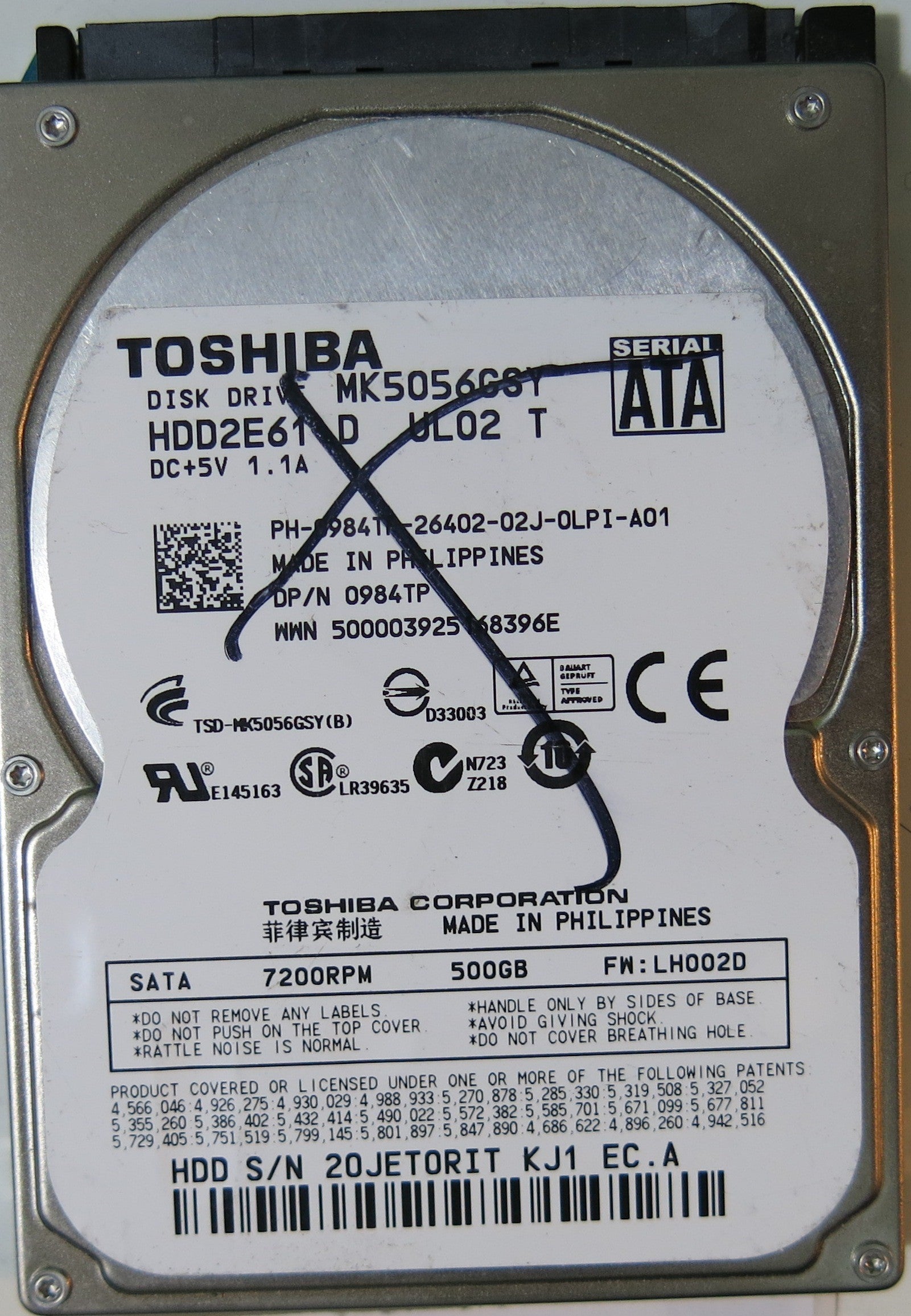 MK5056GSY HDD2E61 D UL02 T PCB G002587-0A,  500.GB