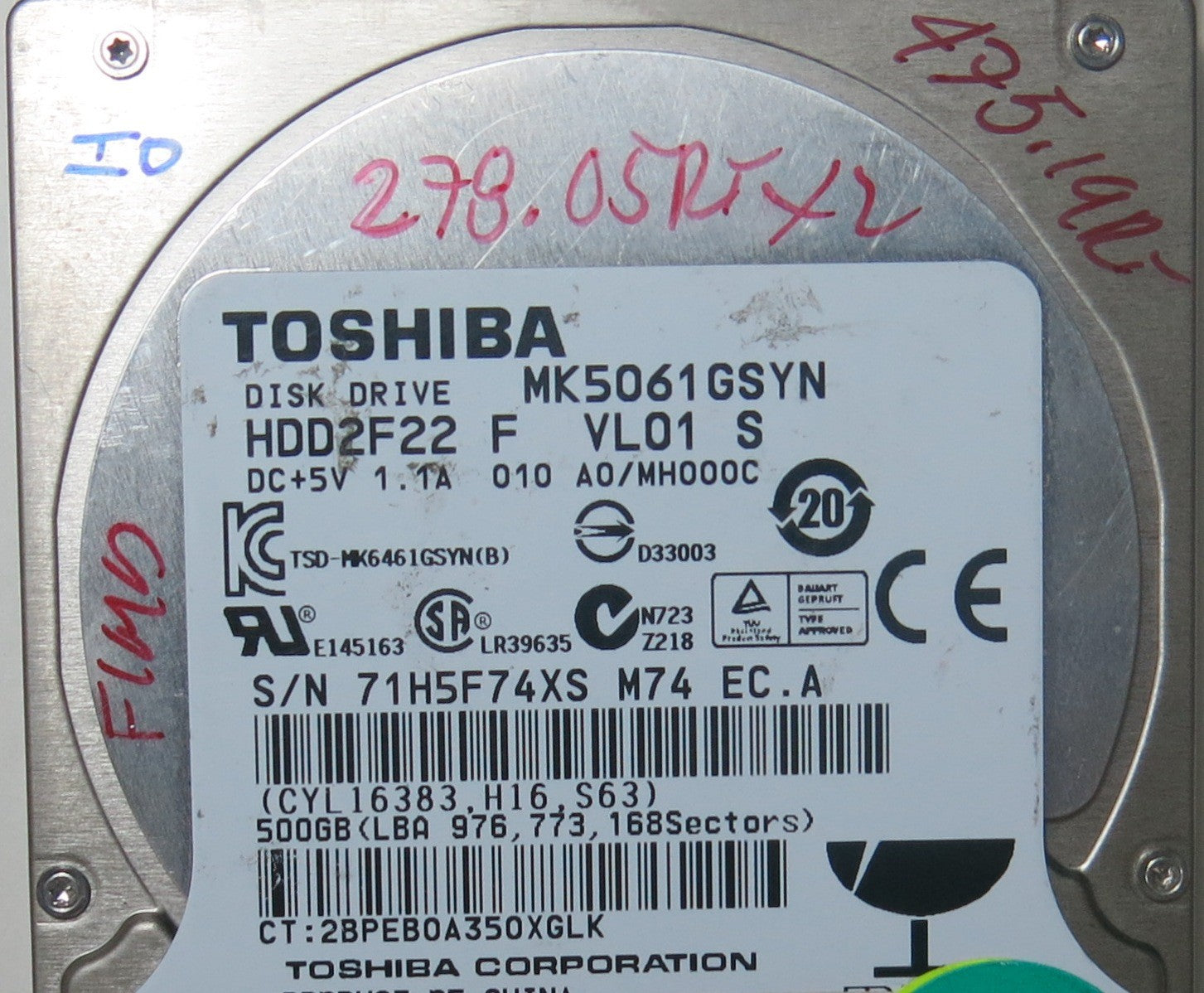 TOSHIBA MK5061GSYN HDD2F22 F VL21 S, G002872A PCB
