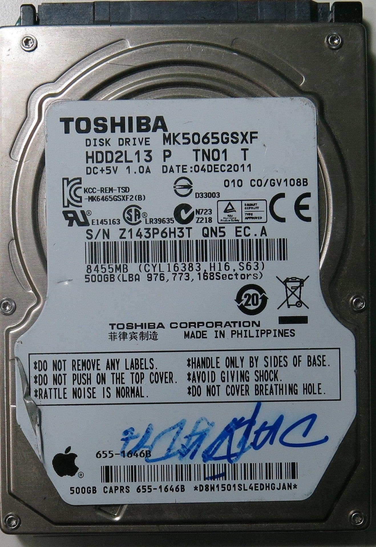 MK5065GSXF HDD2L13 P TN01 T PCB G002825A,  500.GB