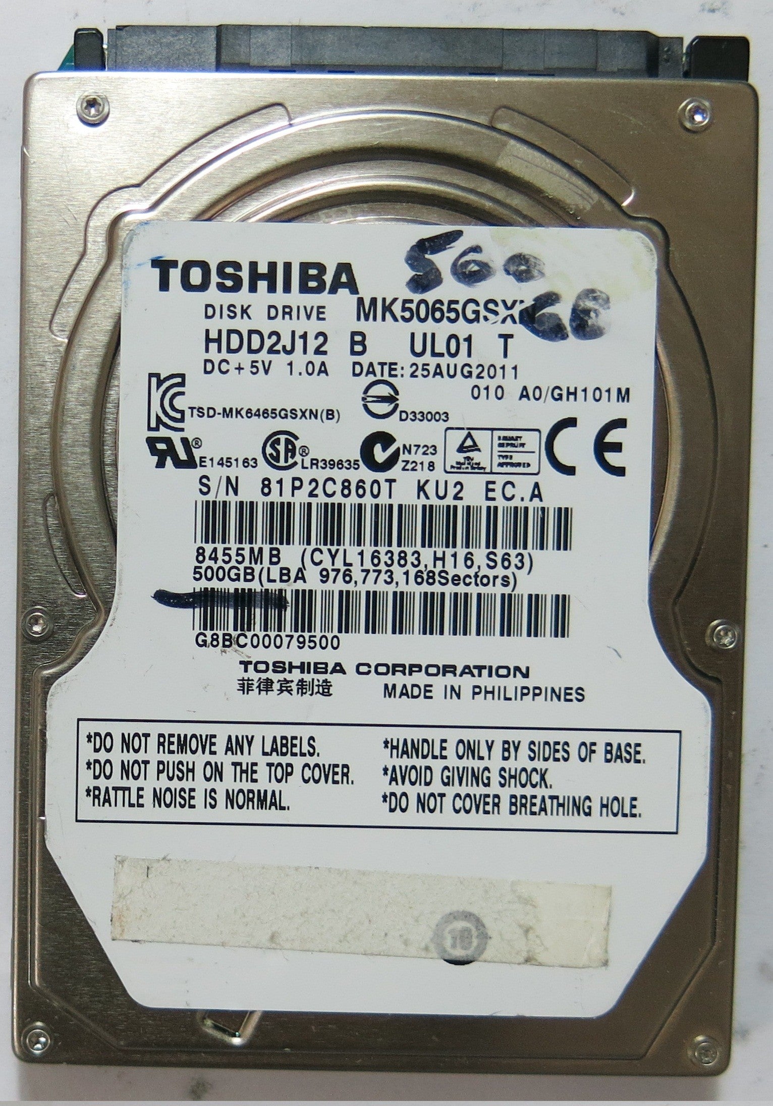 MK5065GSXN HDD2J12 B UL01 T PCB G002706A 500GB