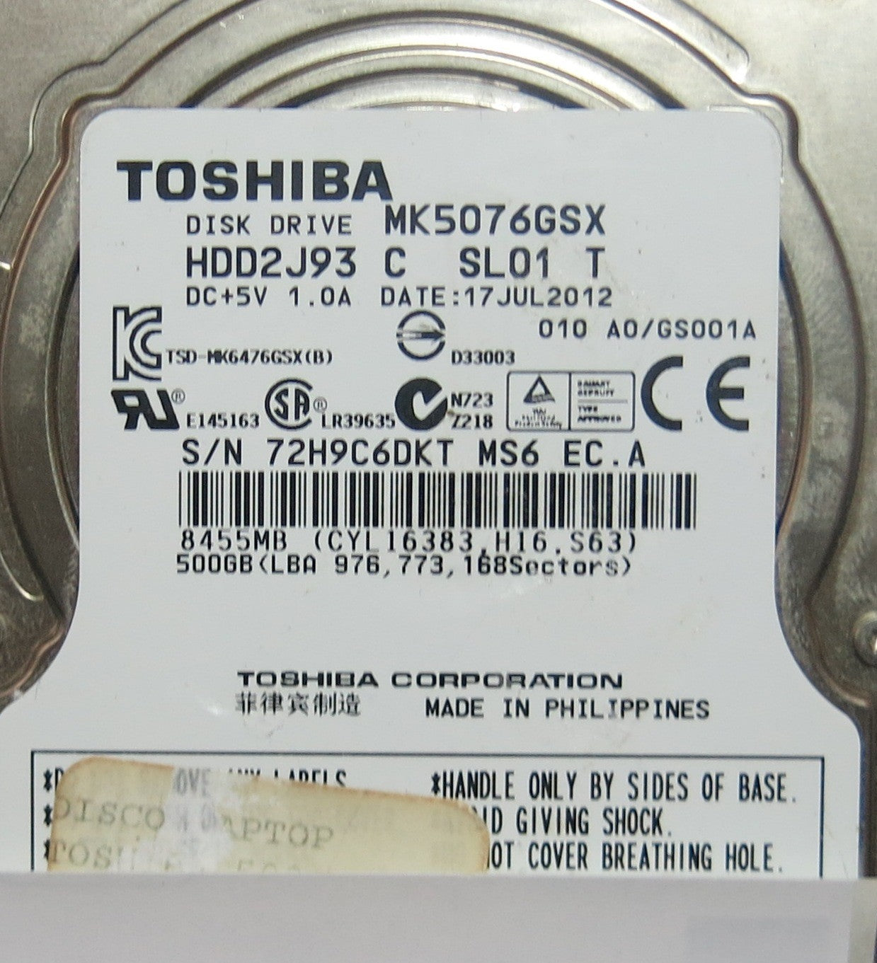 TOSHIBA MK5076GSX HDD2J93 C SL01 T,  PCB