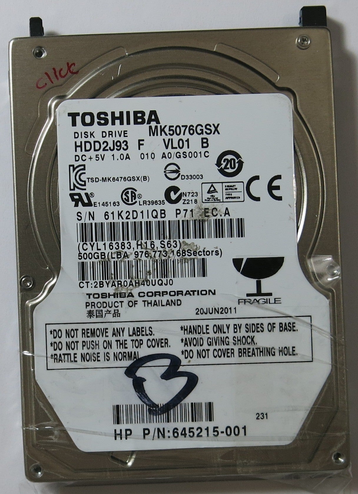 TOSHIBA MK5076GSX HDD2J93 F VLO1 B GOO2825A  PCB