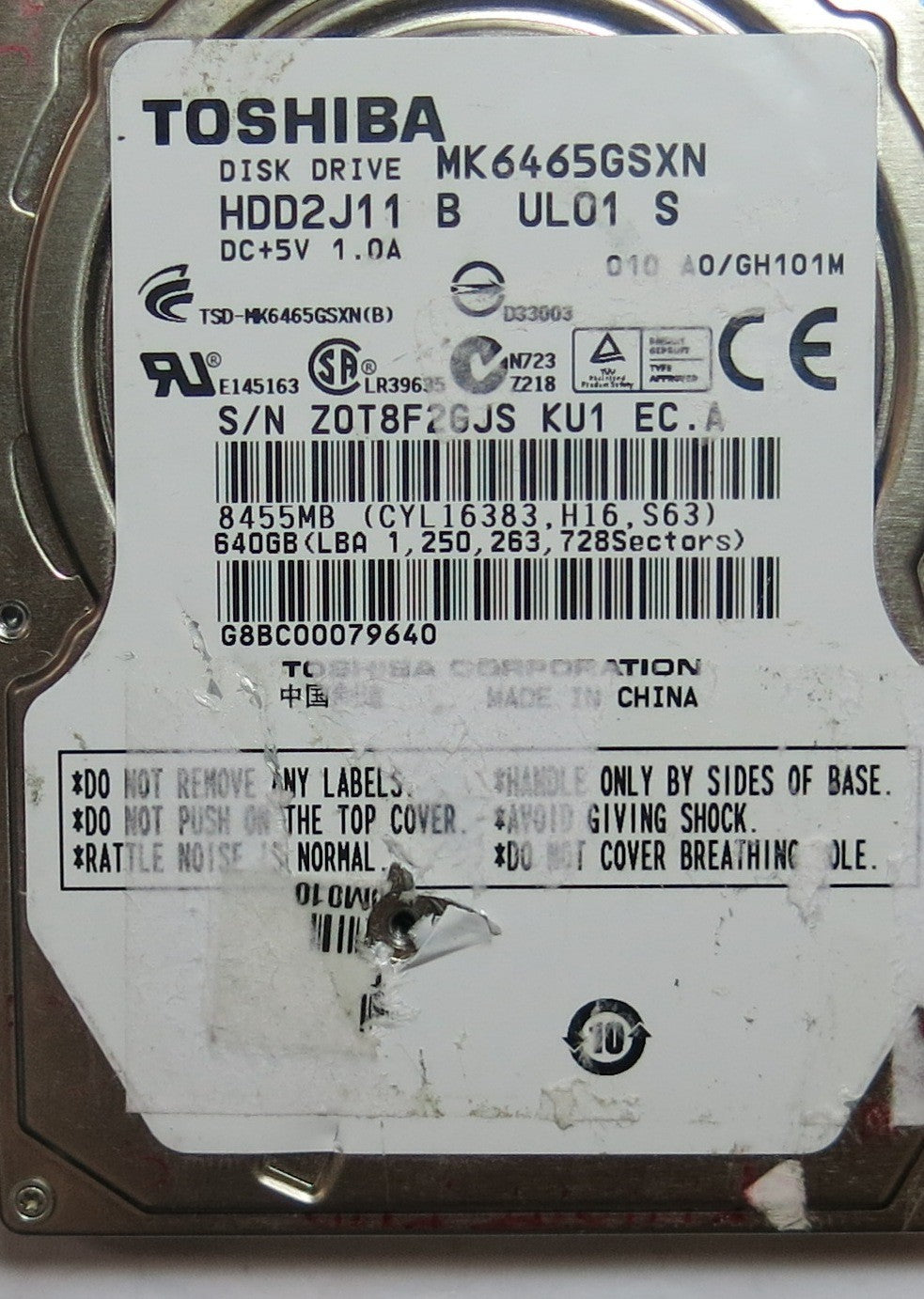 TOSHIBA MK6465GSXN HDD2J11 B UL01 S,  PCB