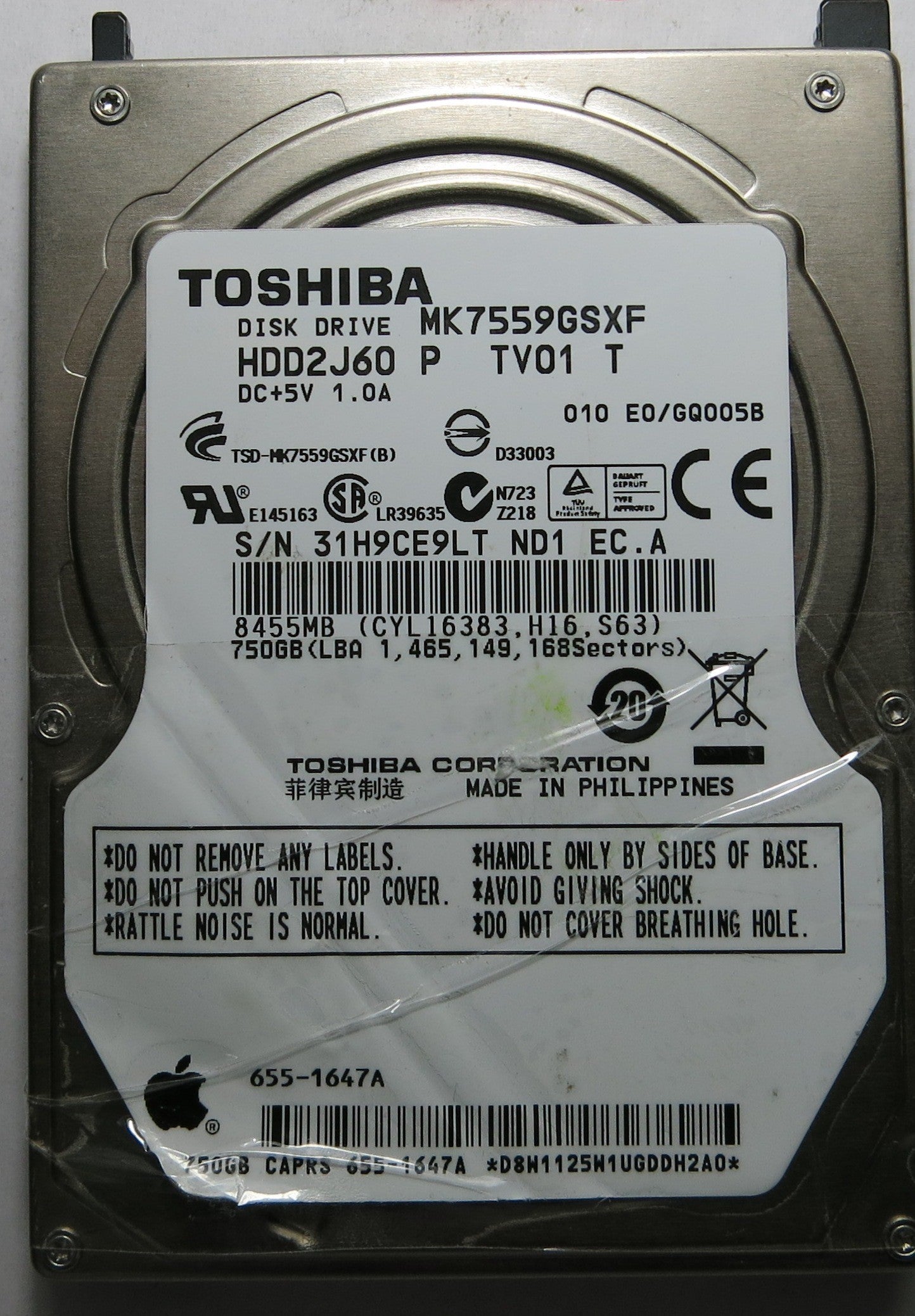 TOSHIBA MK7559GSXF HDD2J60 PTV01 T G002825 A PCB