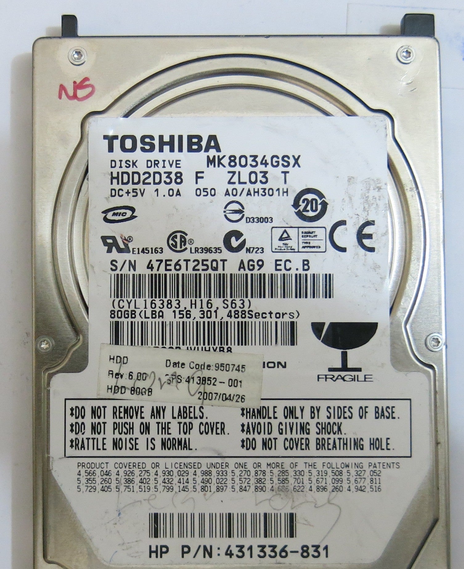 TOSHIBA MK8034GSX HDD2D38 G5B001590000-A PCB