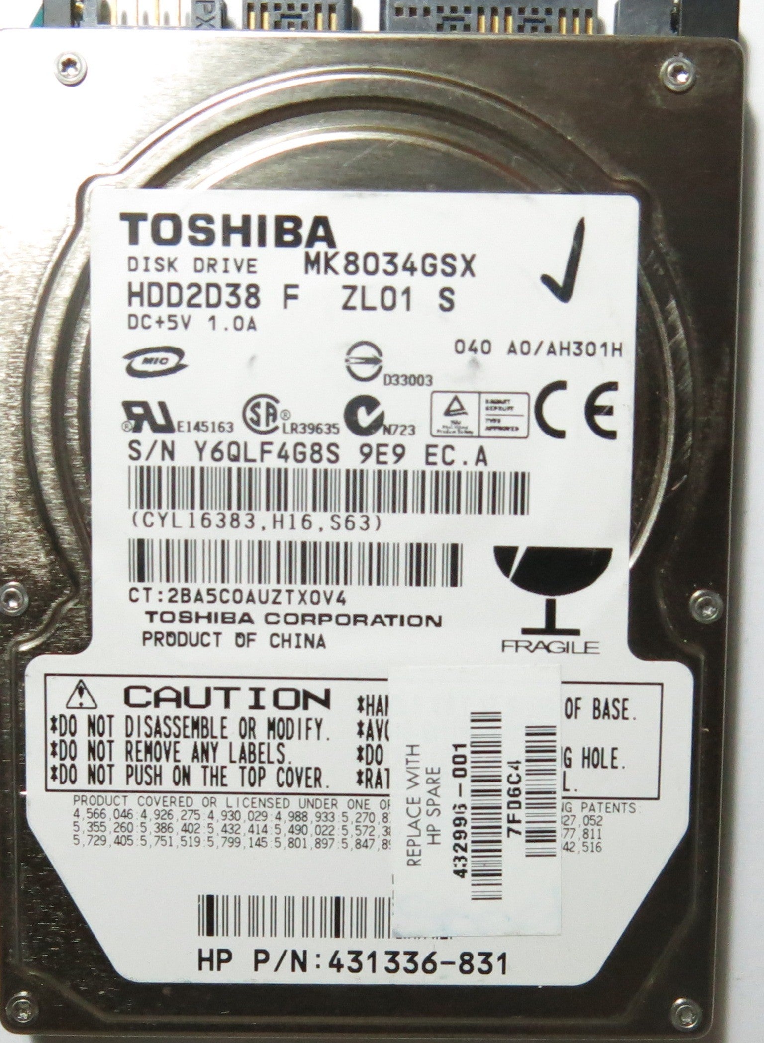 MK8034GSX HDD2D38, SERIAL: Y6QLF4G8S9E9, PCB: G5B0015-90000-A,