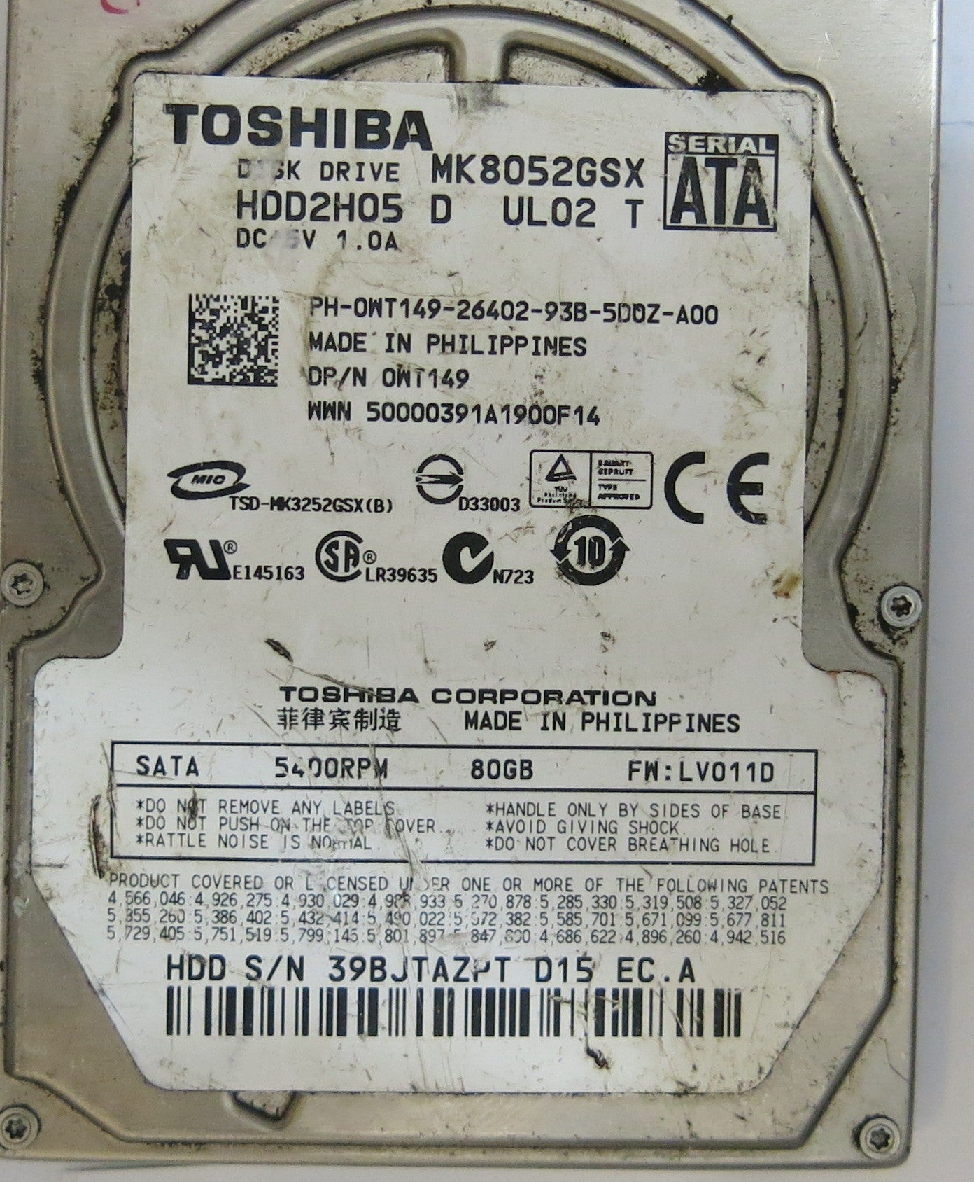 TOSHIBA MK8052GSX HDD2H05 D UL02 T G002217A PCB