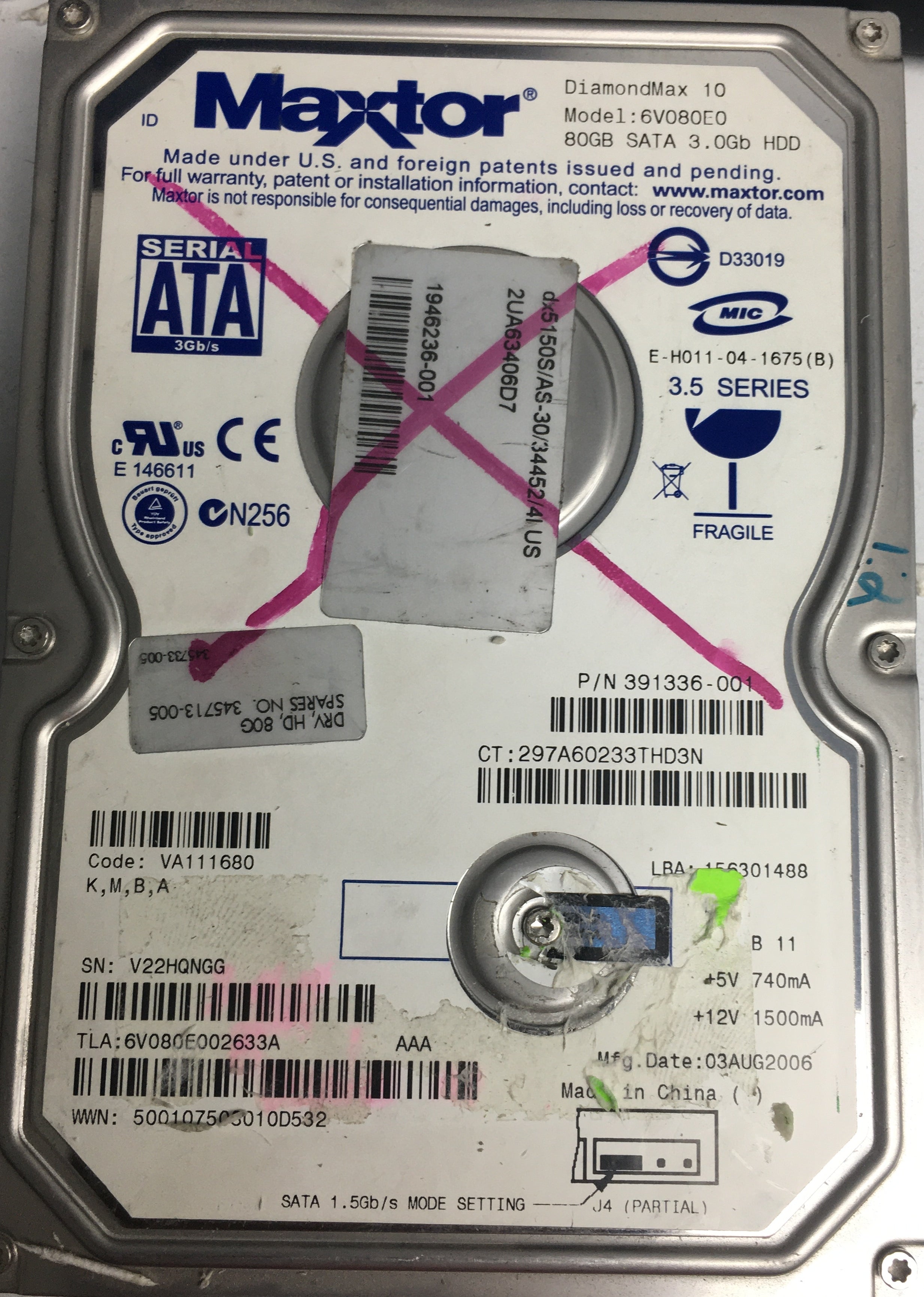 6V080E0,  Serial:V22HQNGG,  80GB 3.5,  PCB:302136100- REV A