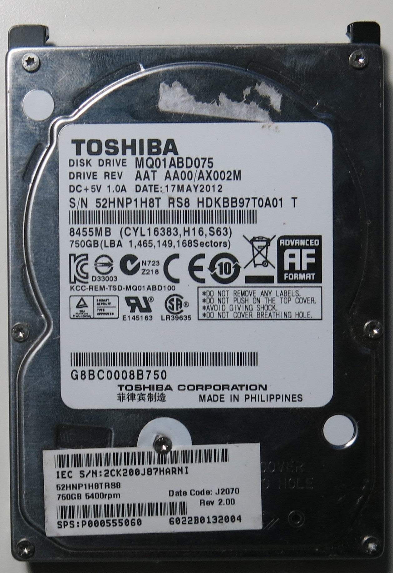 TOSHIBA MQ01ABD075H,  PCB G0031389
