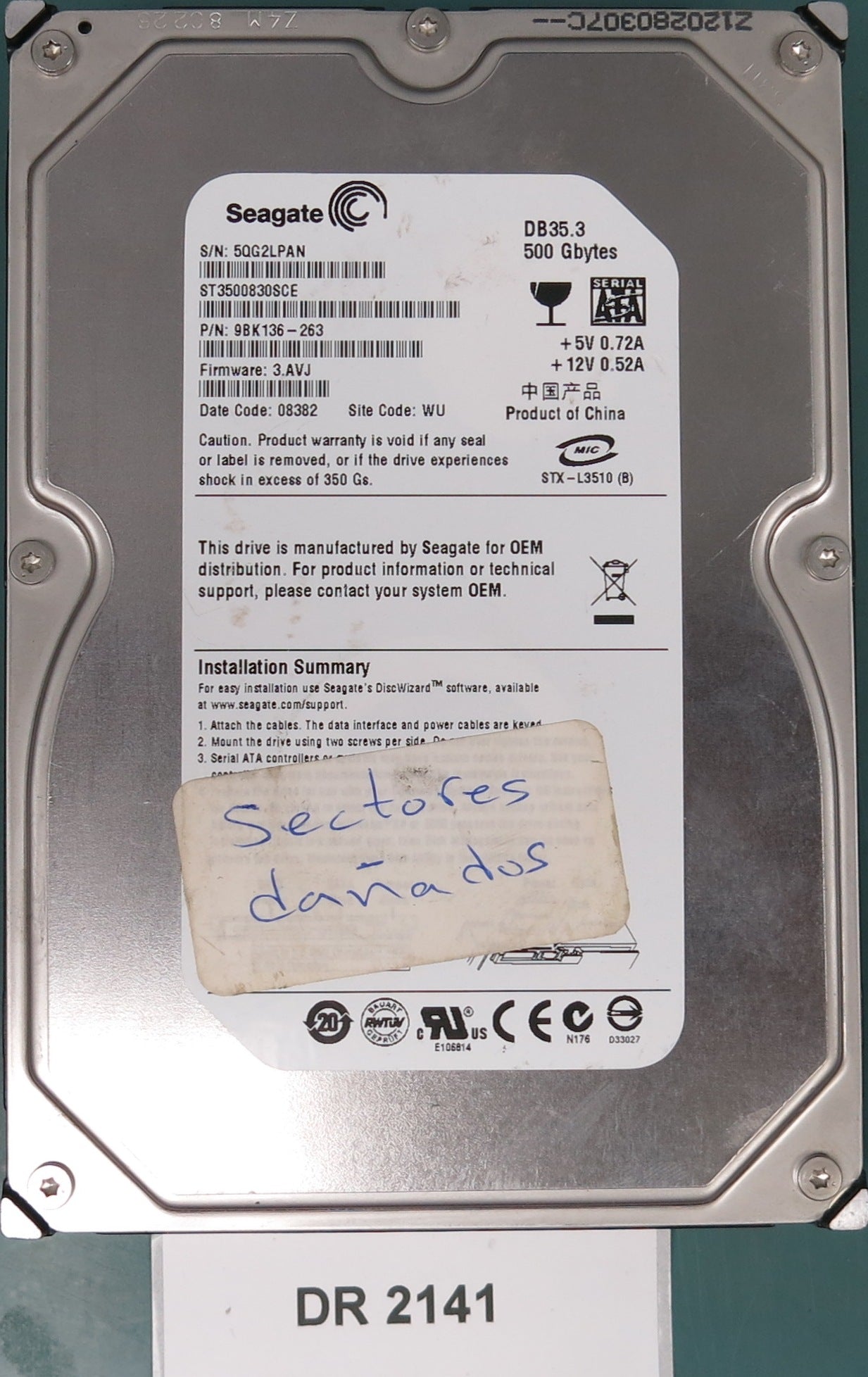 TS3500830SCE, P/N: 9BK136-263, FW: 3.AVJ, Serial: 5QG2LPAN, 500GB 3.5, PCB: 100406937 REV B