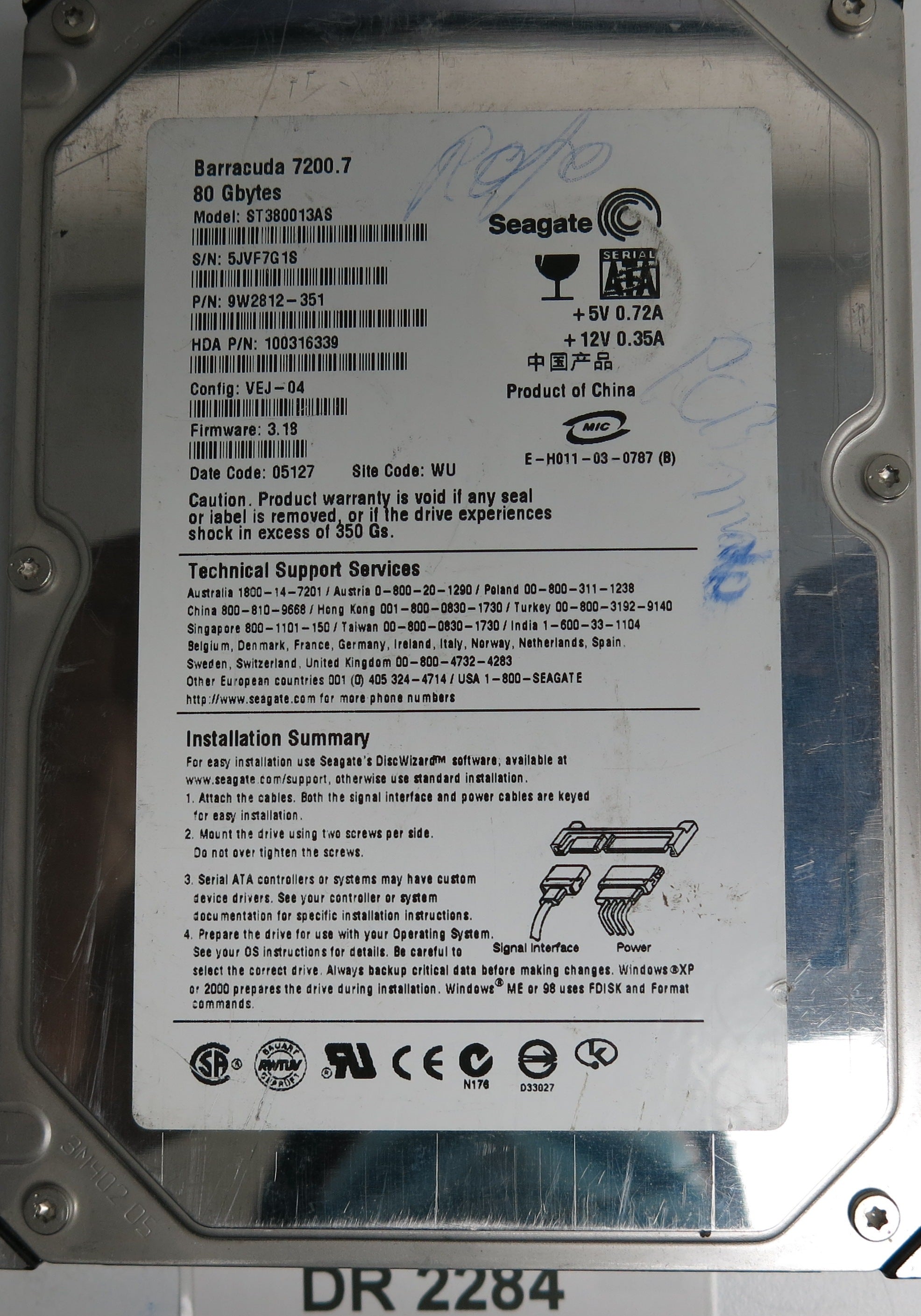 TS380013AS, P/N: 9W2812-351, FW: 3.18, Serial: 5JVF7G1S, 80GB 3.5, PCB: 100306336 REV A Main chip: