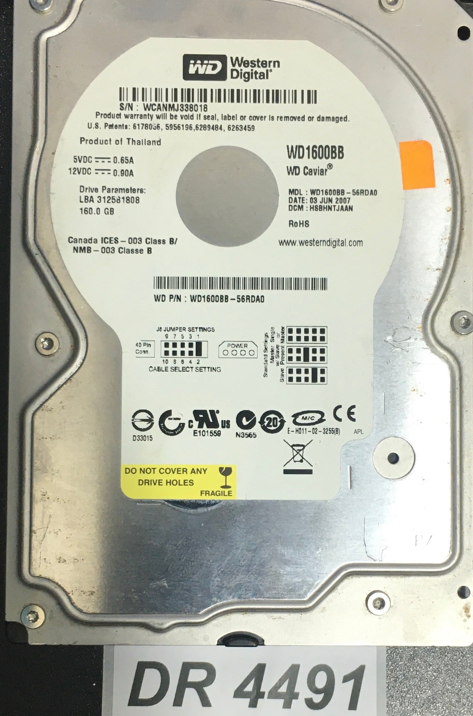 W1600BB-56RDA0  P/N:WD1600BB-56RDA0  Serial:WCANMJ338018  160GB 3.5  PCB: 2060-701292-002 REV A