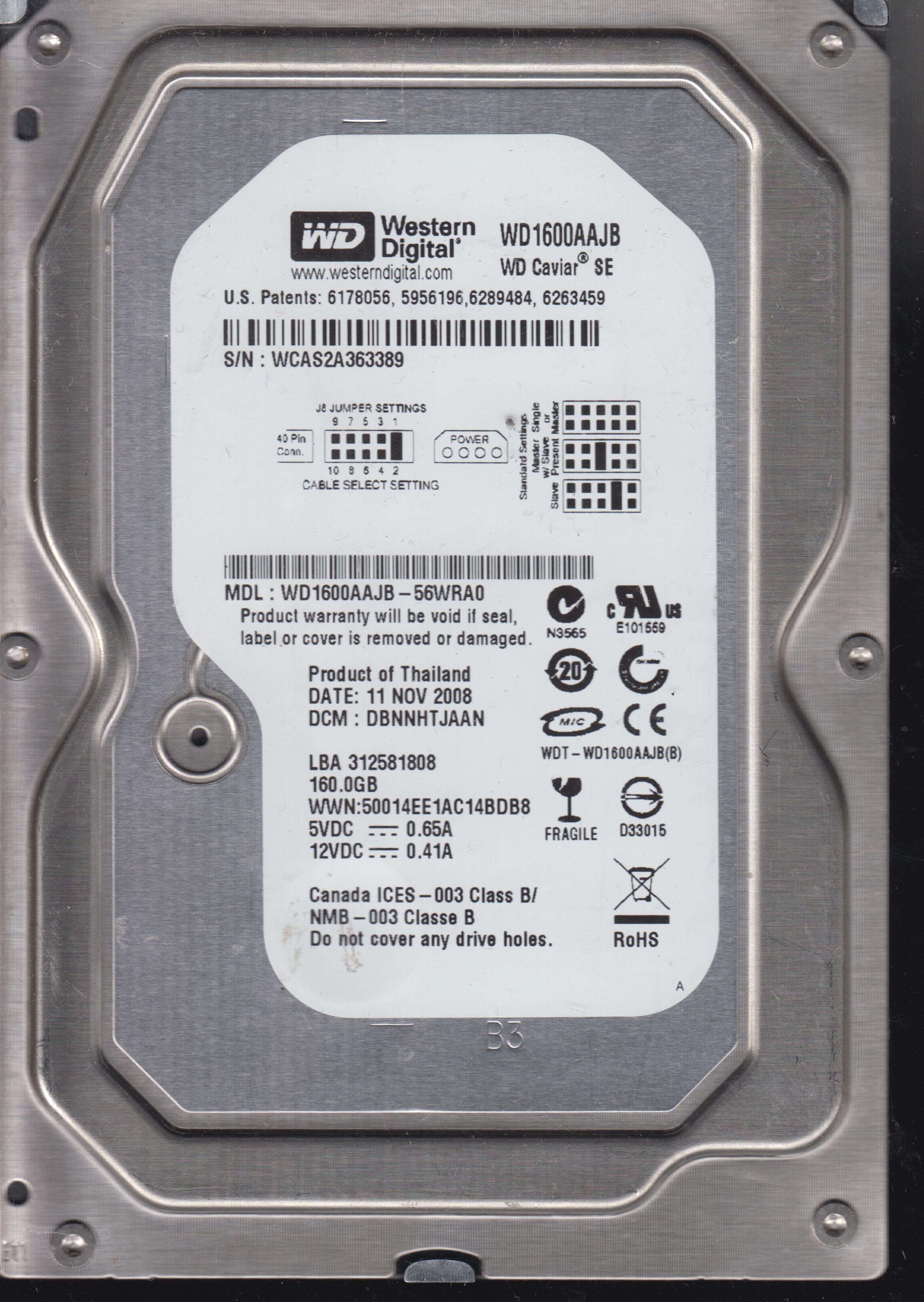 WD1600AAJB-56WRA0, PCB: 2060-701563-000 REV A, Serial :  WCAS2A363389, 160GB