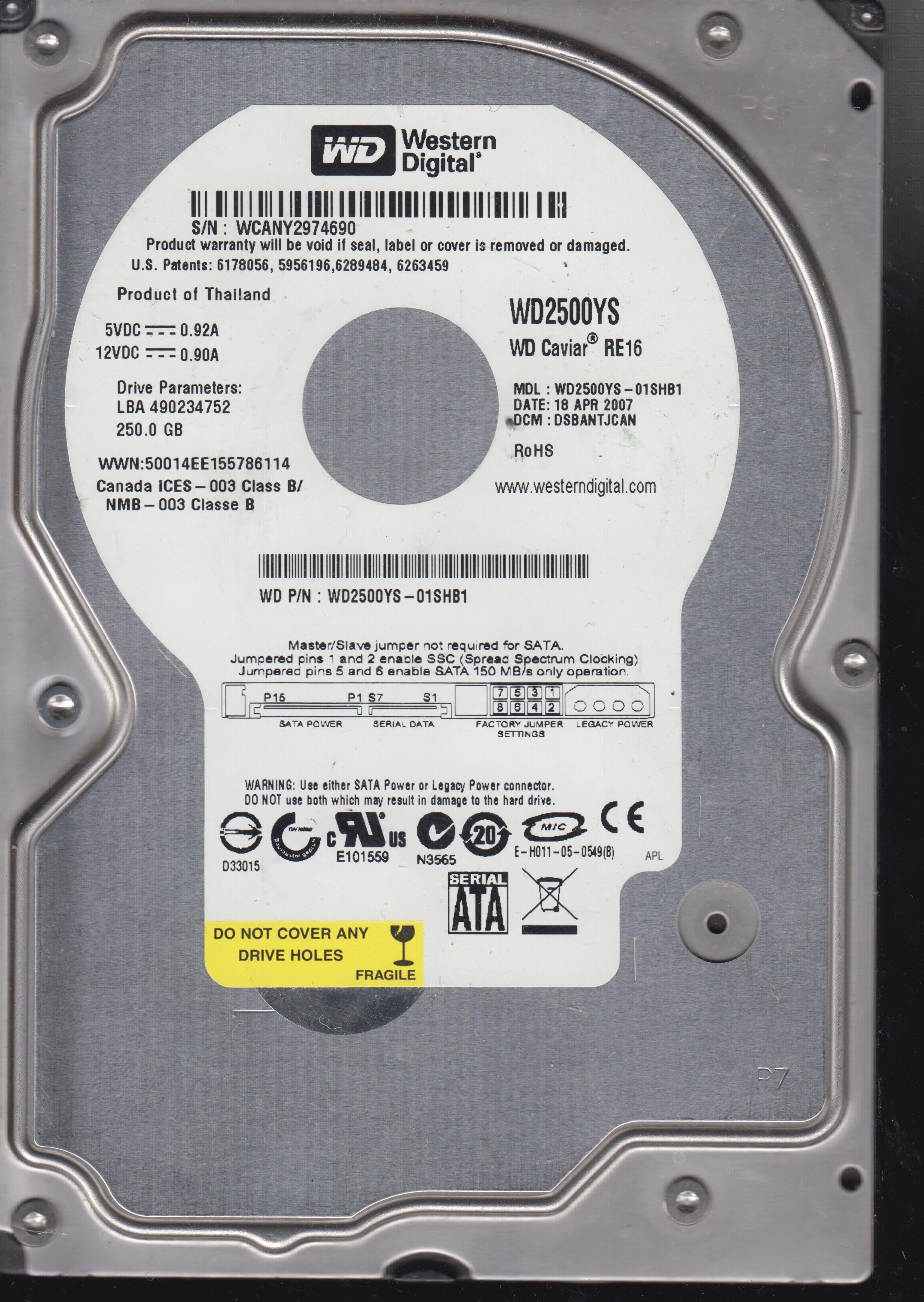 WD2500YS-01SHB1, PCB:  2060-701335-005 REV A, Serial:WCANY2974690, 250GB 3.5