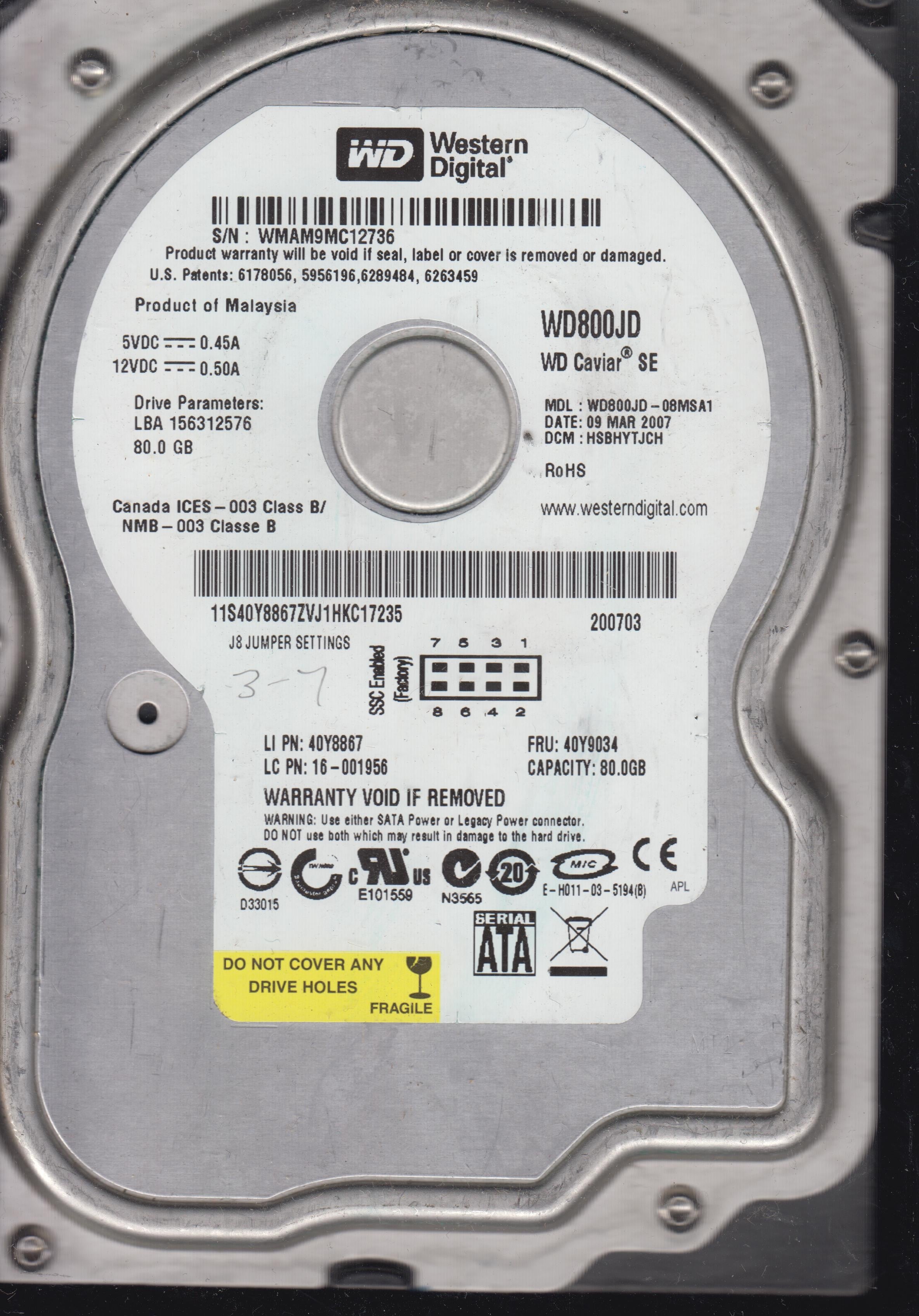 MODEL: WD800JD-08MSA1,  PCB: 2060-701335-005 REV A  SERIAL: WMAM9MC12736  80GB