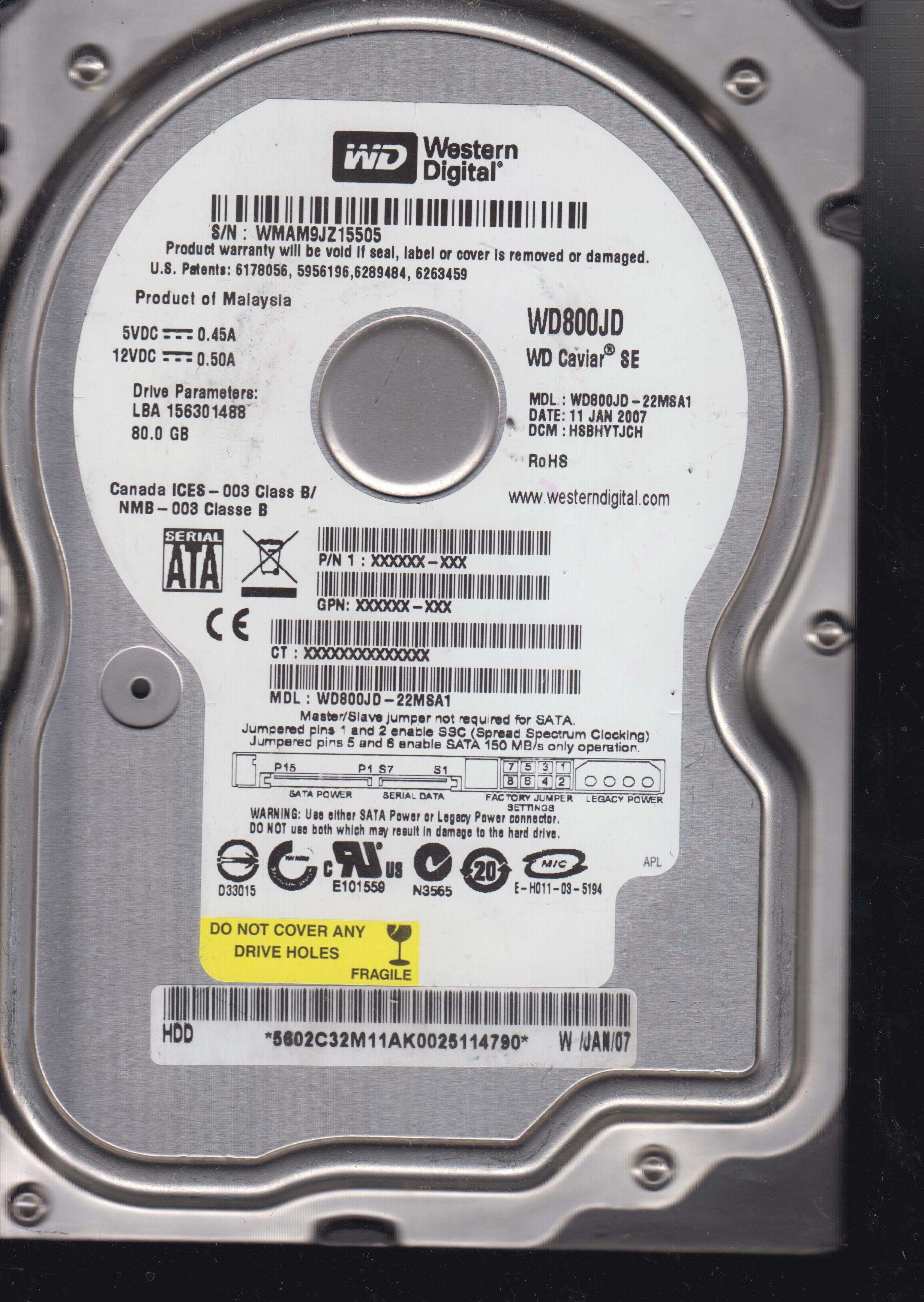 WD800JD-22MSA1, PCB: 2060-701335-005 REV A, Serial: WMAM9JZ15505, 80GB