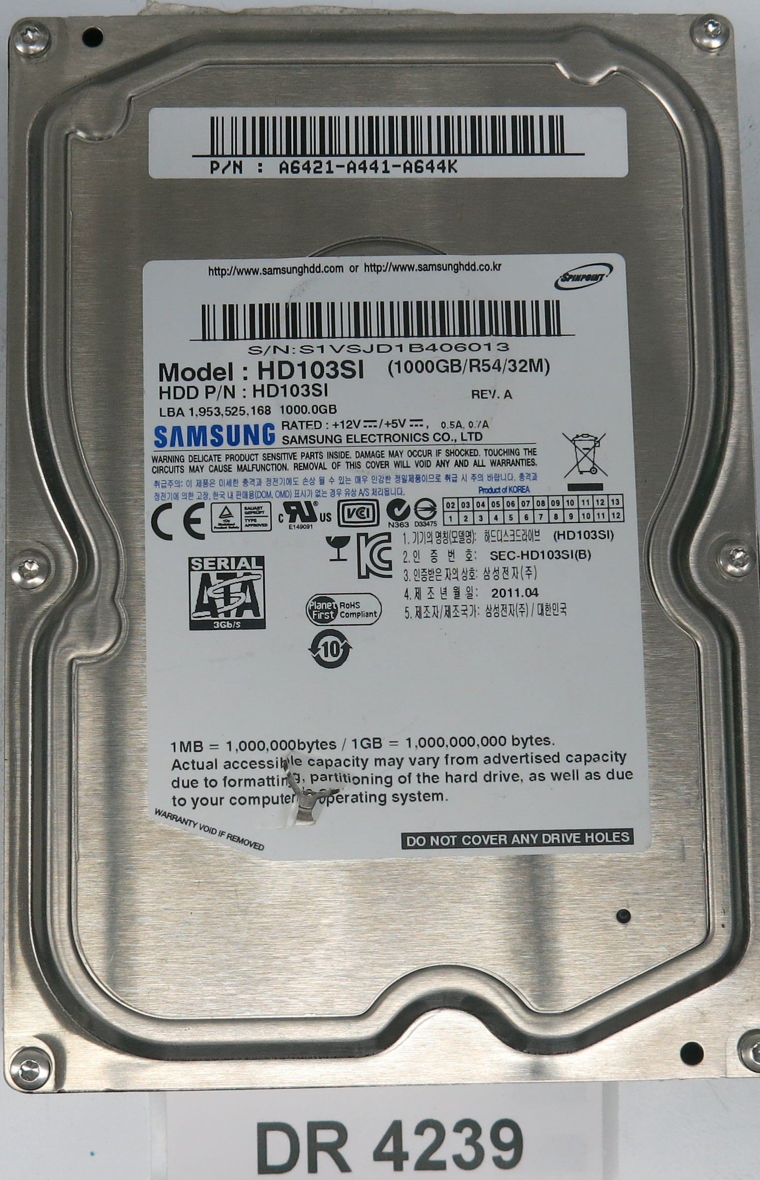 HD103SI,  Serial:S1VSJD1B406013,  1000GB 3.5,  PCB:41 00286A R00- REV A