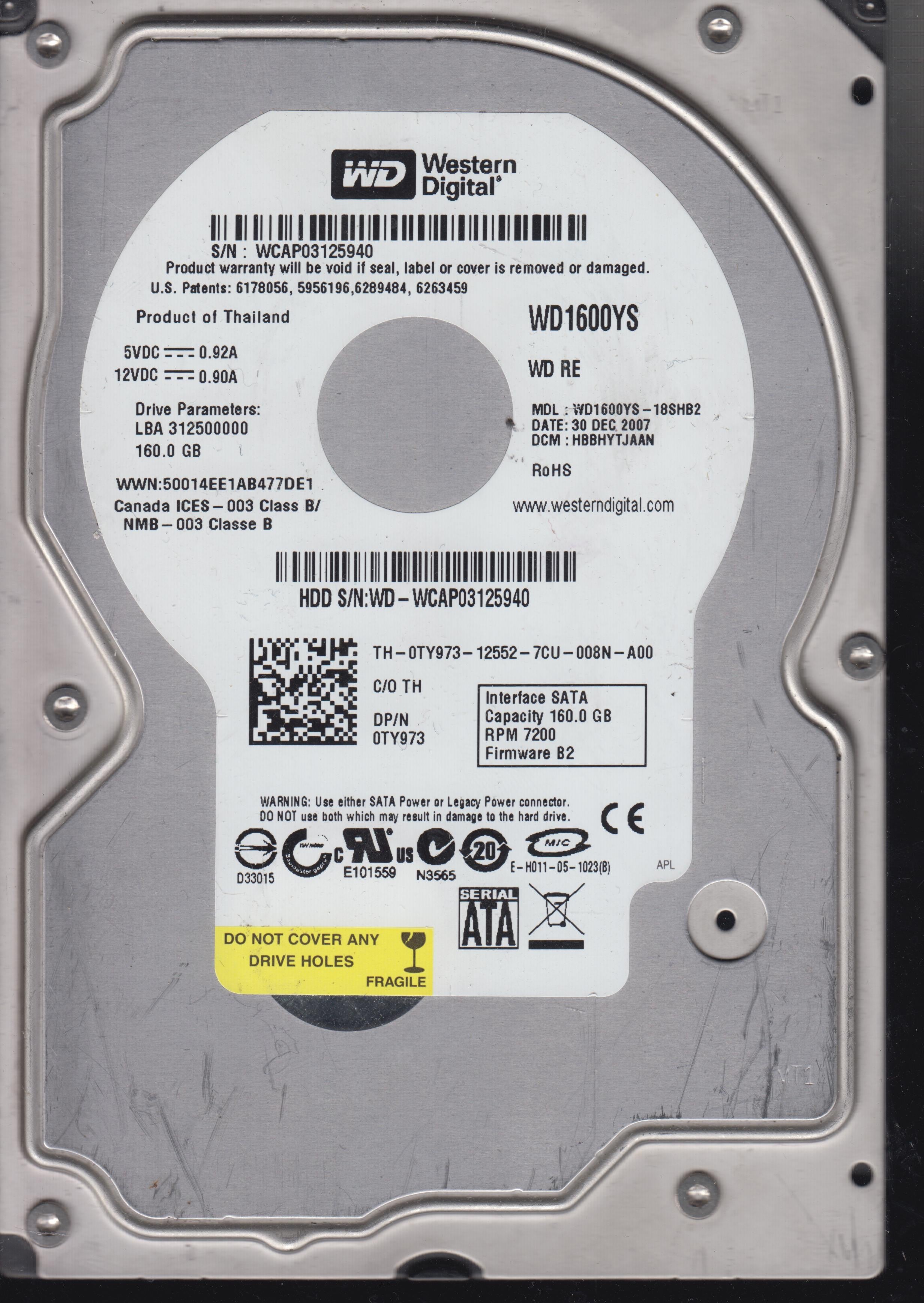 WD1600YS-18SHB2, PCB:  2060-701335-005 REV A, Serial:WCAP03125940, 160GB