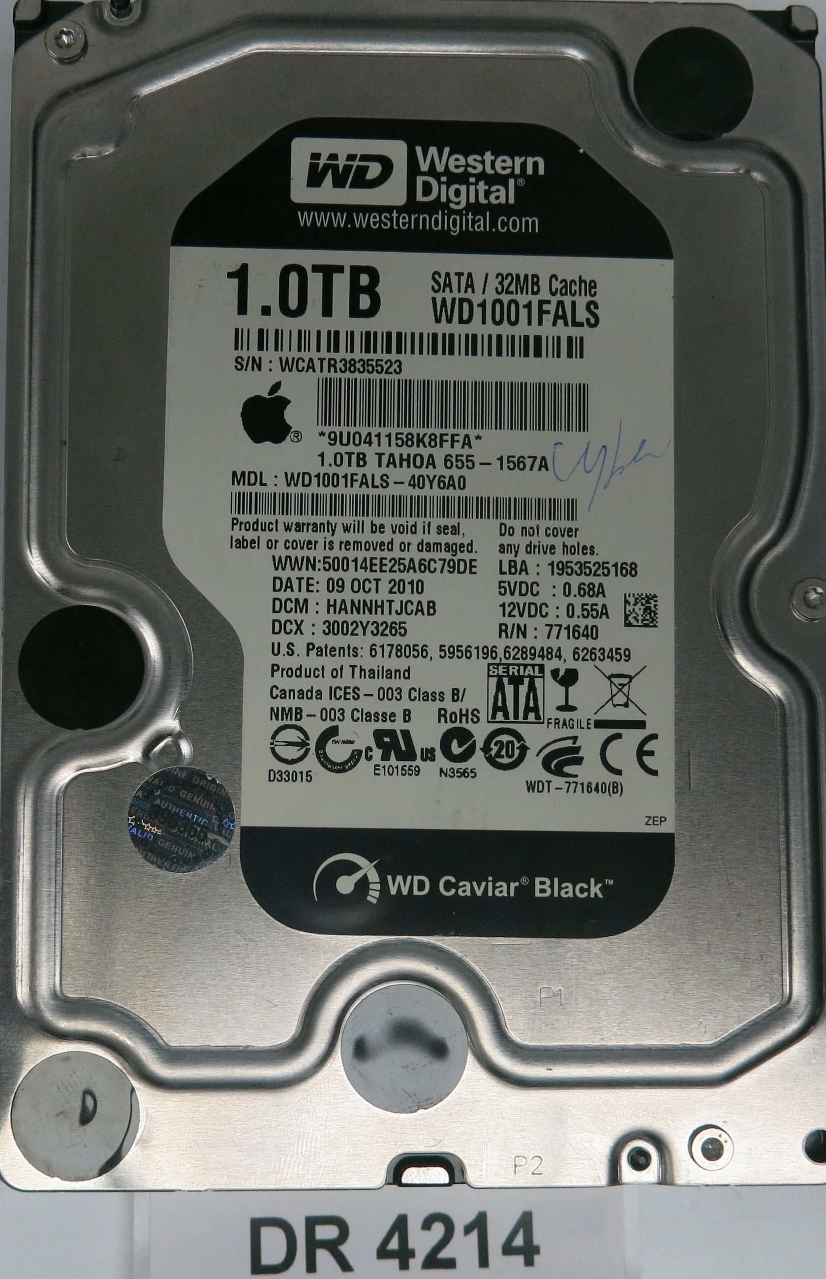 WD1001FALS-40Y6A0,  DCM: HANNHTJCAB,  Serial: WCATR3835523,  1.0TB 3.5,  PCB 2060-771640-002 REV A