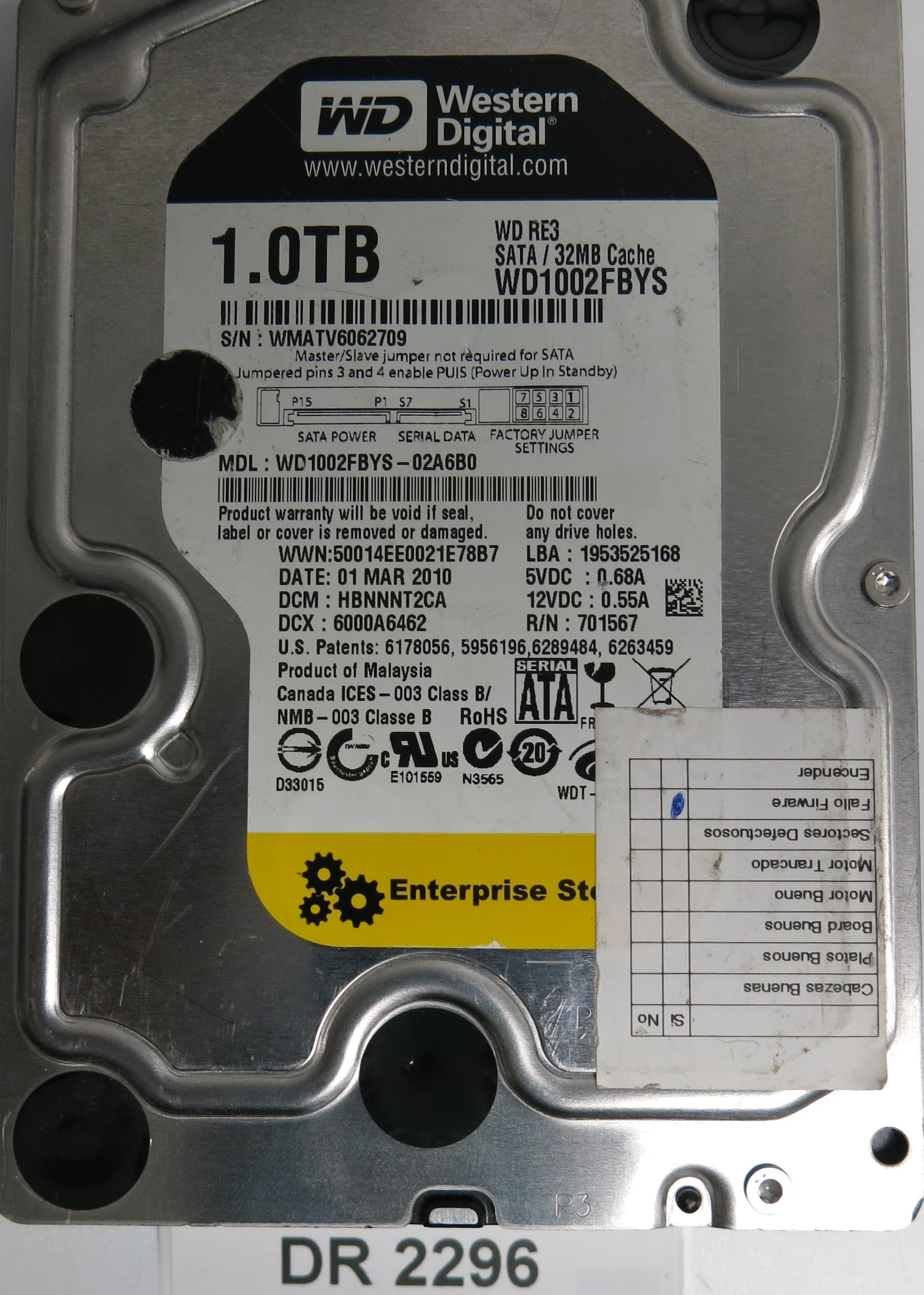 WD1002FBYS-02A6B0, DCM HBNNNT2CA, 1.0TB 3.5, PCB 2060-701567-000 REV A
