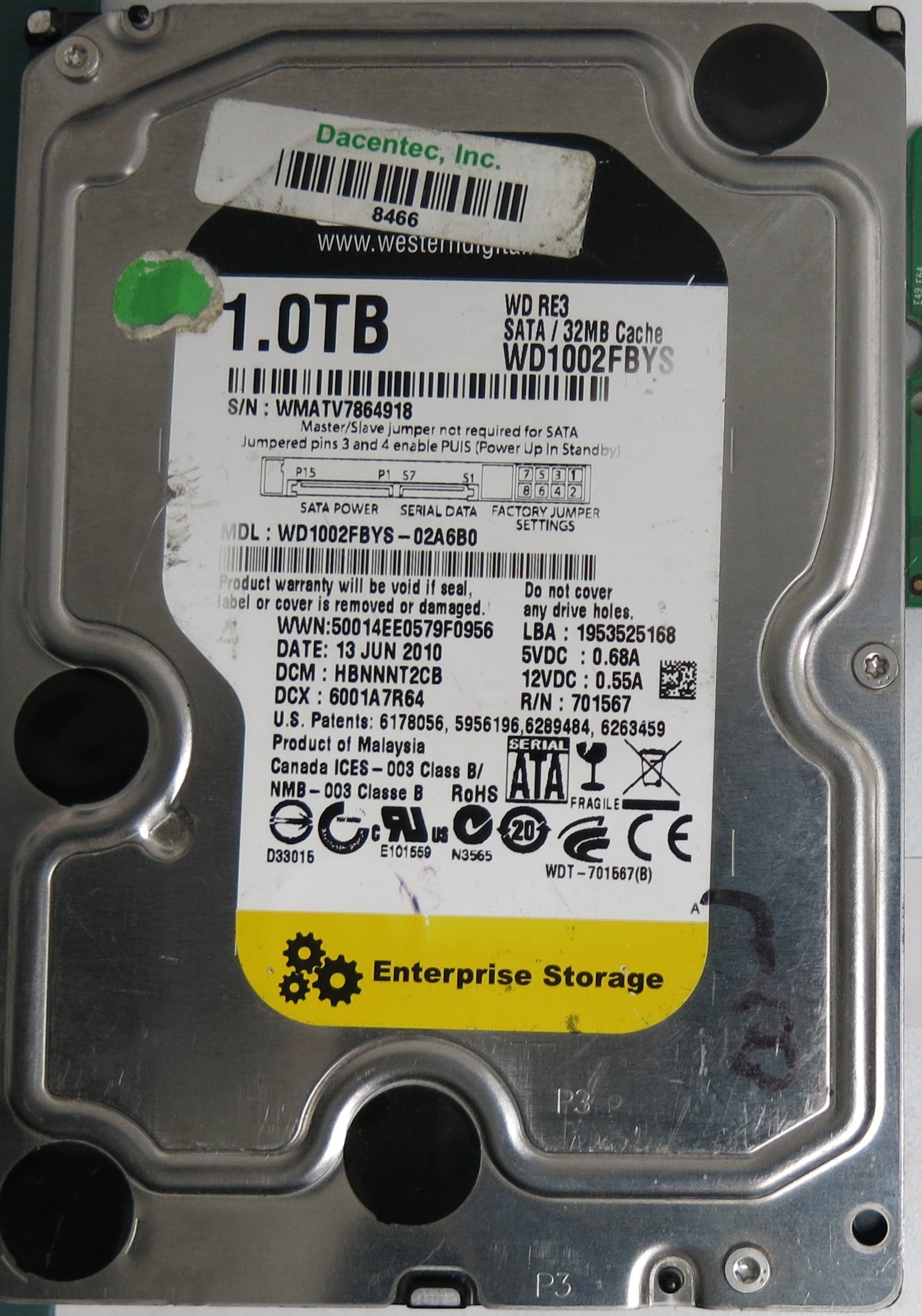WD1002FBYS-02A6B0, DCM HBNNNT2CB, 1.0TB 3.5