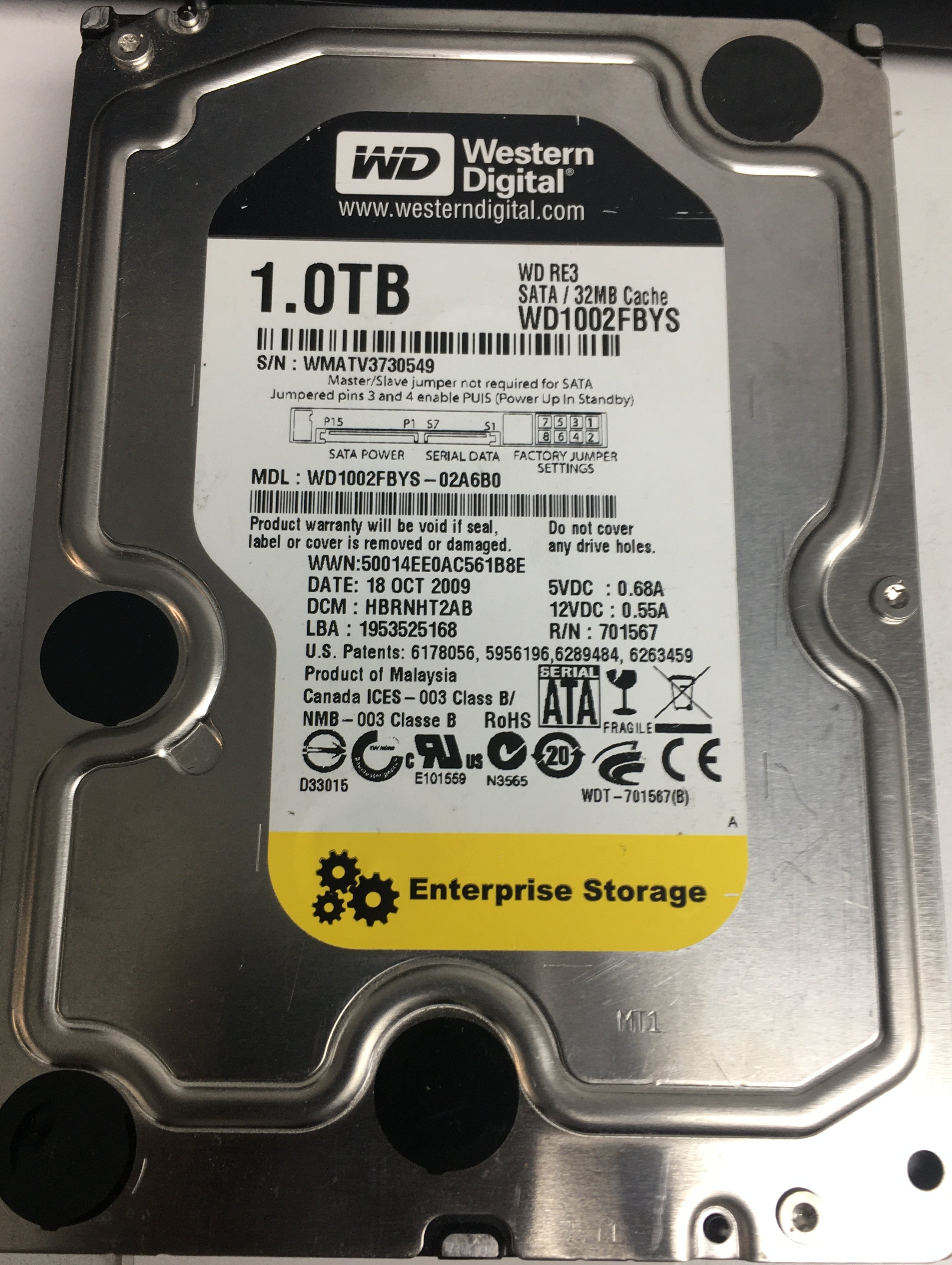 WD1002FBYS-02A6B0  DCM HBRNHT2AB  Serial Number: WMATV3730549  1.0TB 3.5  PCB 2060-701567-000 REV A