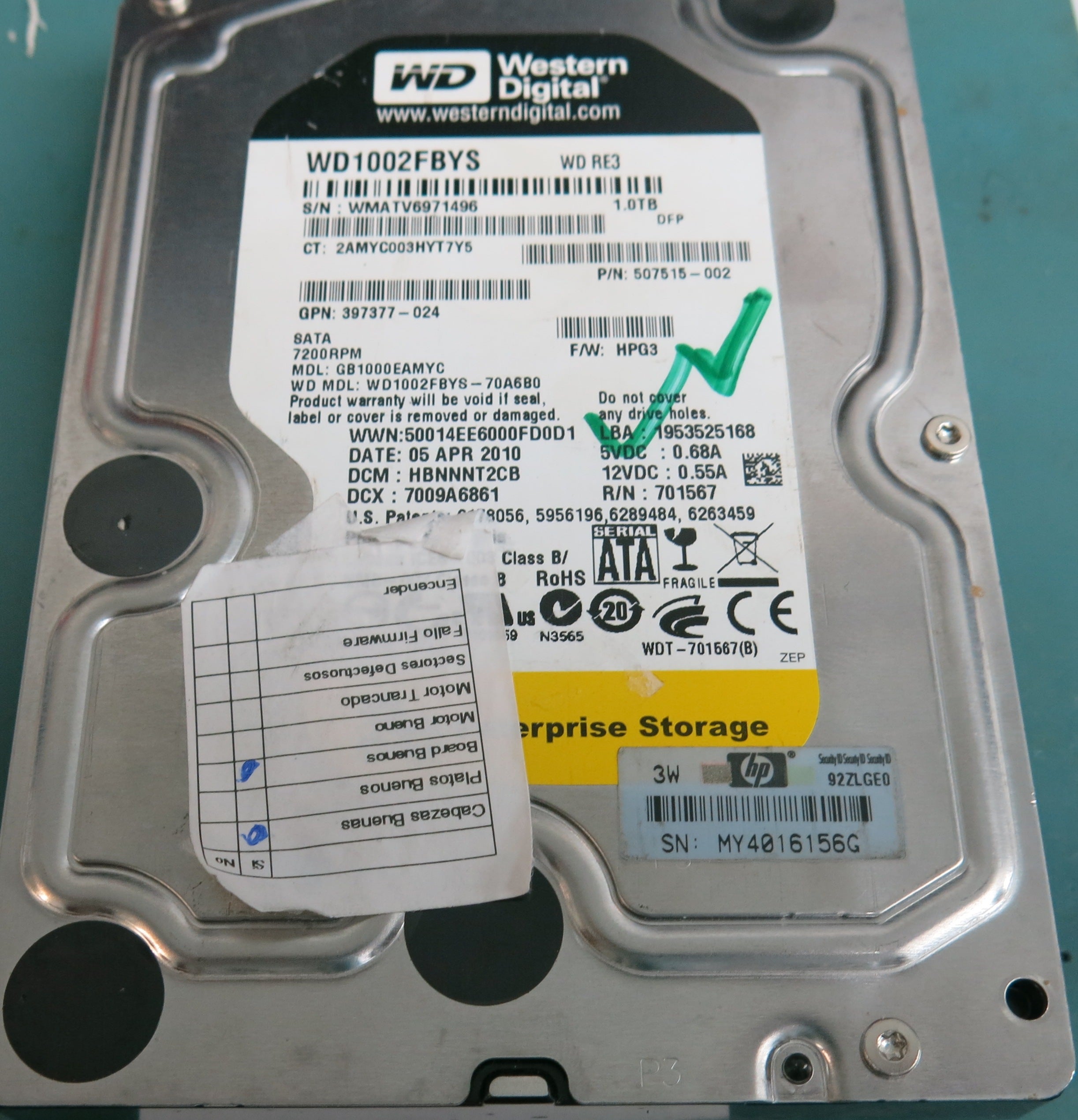WD1002FBYS-70A5B0, DCM HBNNNT2CB, 1.0TB 3.5, PCB 2060-701567-000 REV A