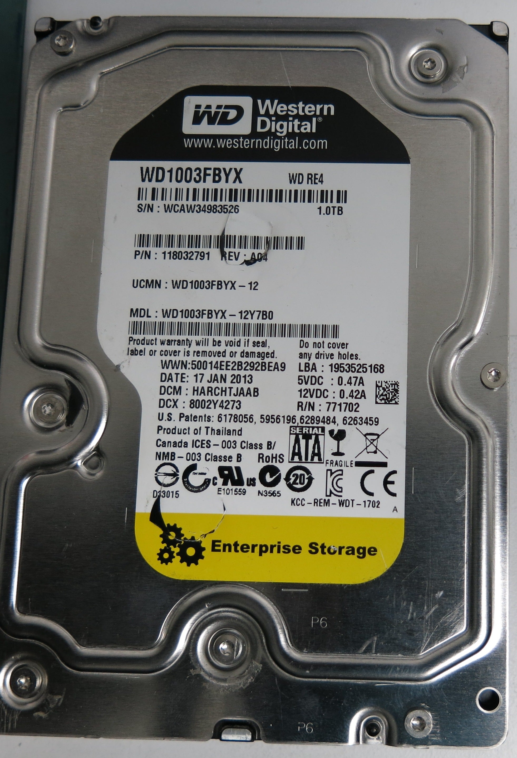 WD1003FBYX-12Y7B0, DCM HARCHTJAAB, 1.0TB 3.5, PCB 2060-771702-001 REV A