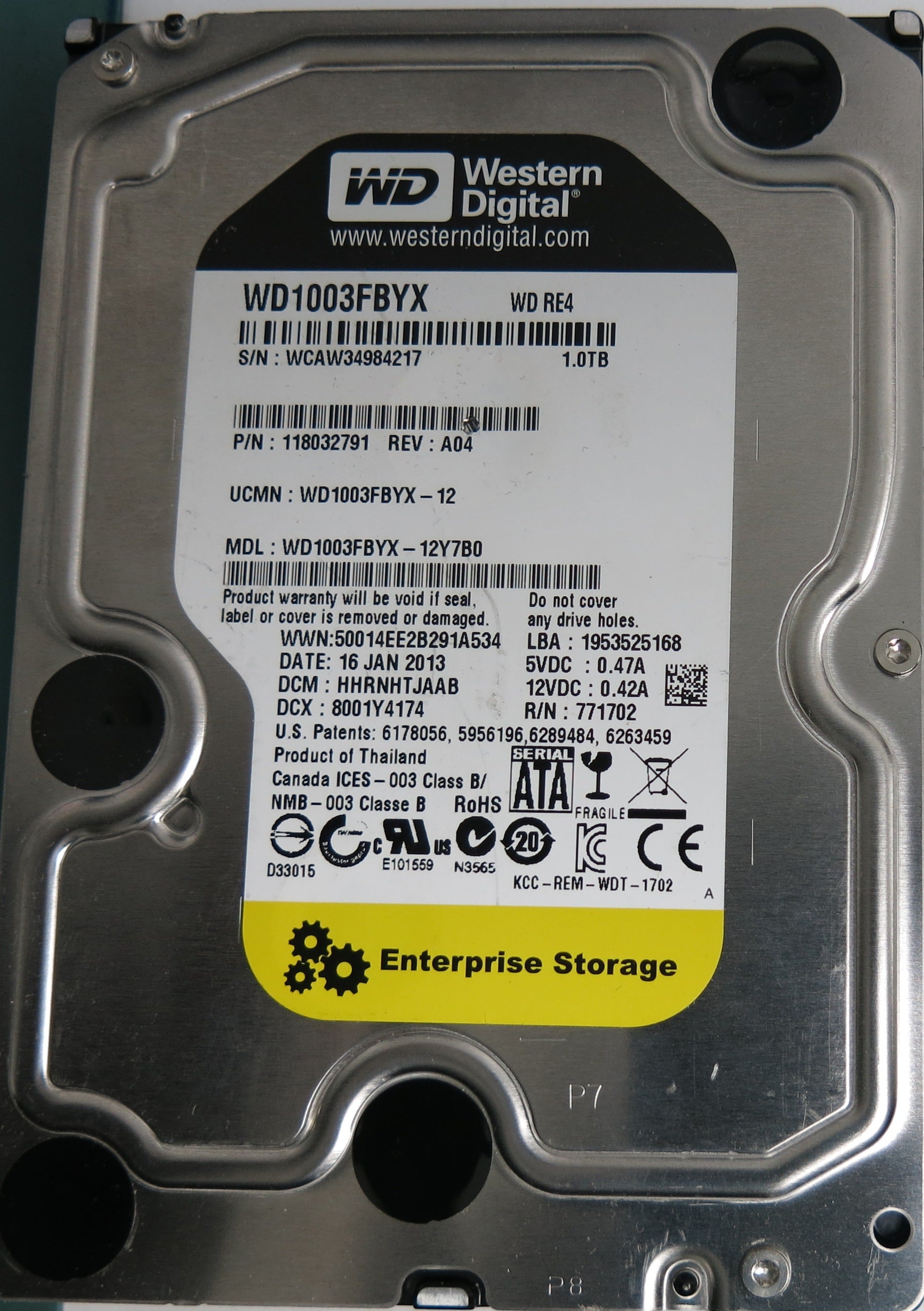 WD1003FBYX-12Y7B0, DCM HHRNHTJAAB, 1.0TB 3.5, PCB 2060-771702-001 REV A