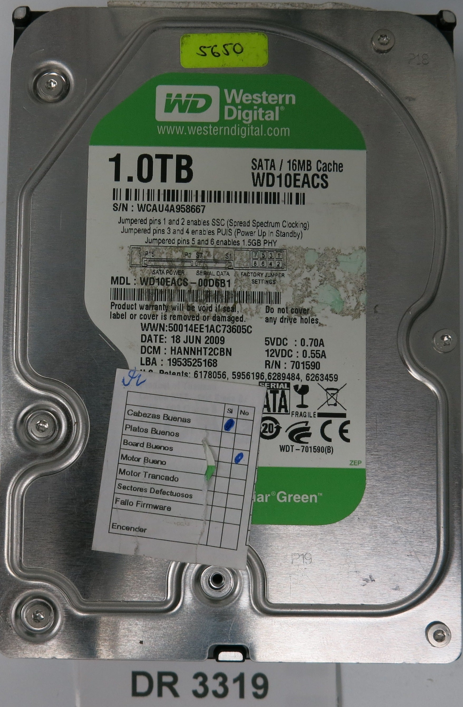 WD10EACS-00D6B1, DCM: HANNHT2CBN, 1.0TB 3.5, PCB 2060-701590-000 REV A
