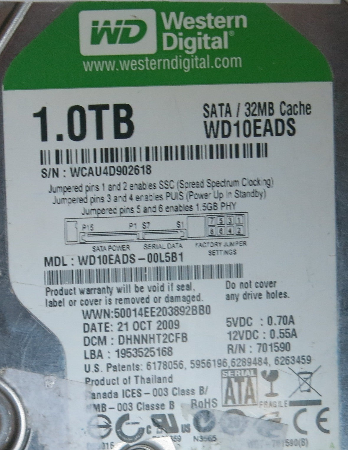 WD10EADS-00L5B1, PN , DCM  DHNNHT2, 2060-701590-000 REV A PCB