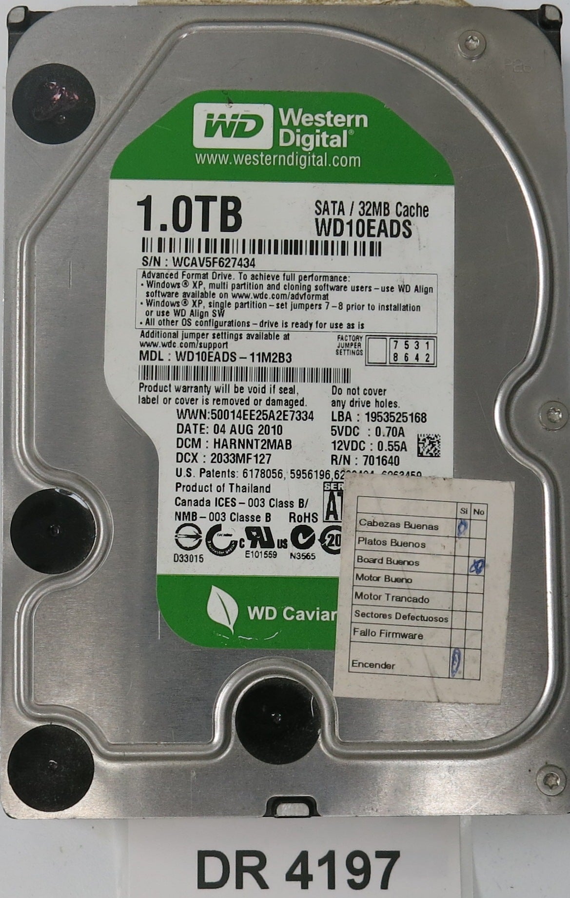 WD10EADS-11M2B3,  DCM: HARNNT2MAB,  Serial: WCAV5F627434,  1.0TB 3.5,  PCB 2060-701640-007 REV A
