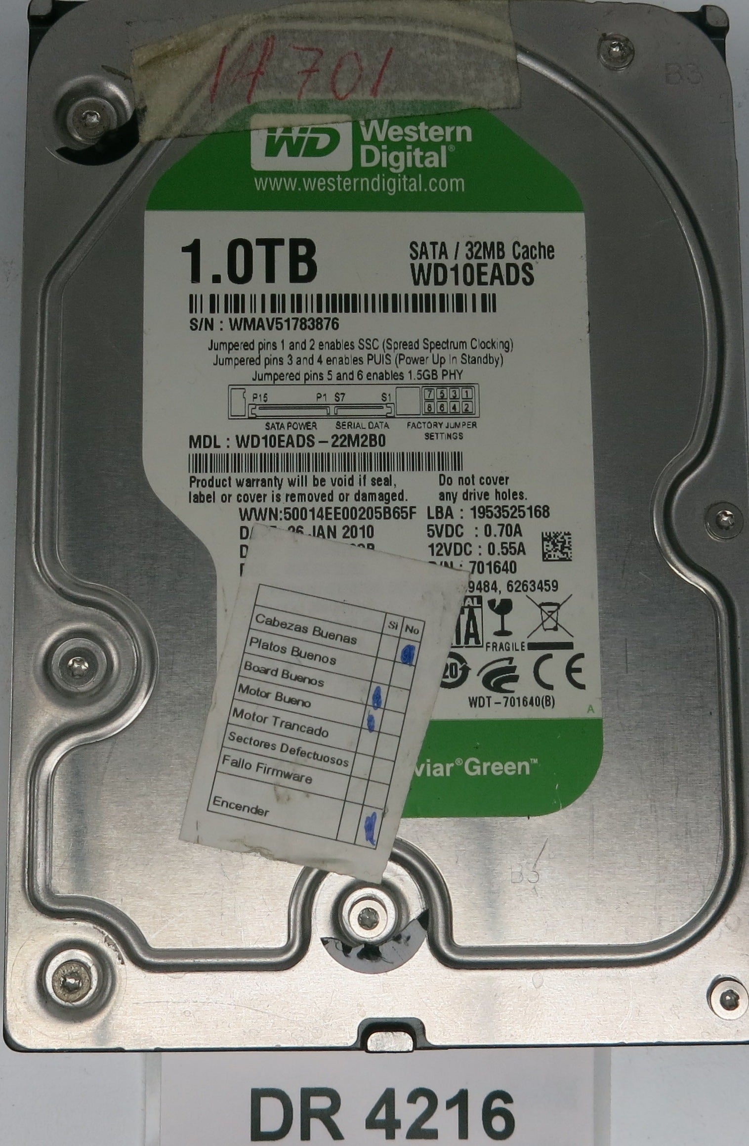 WD10EADS-22M2B0,  Serial: WMAV51783876,  1.0TB 3.5,  PCB 2060-701640-002 REV A