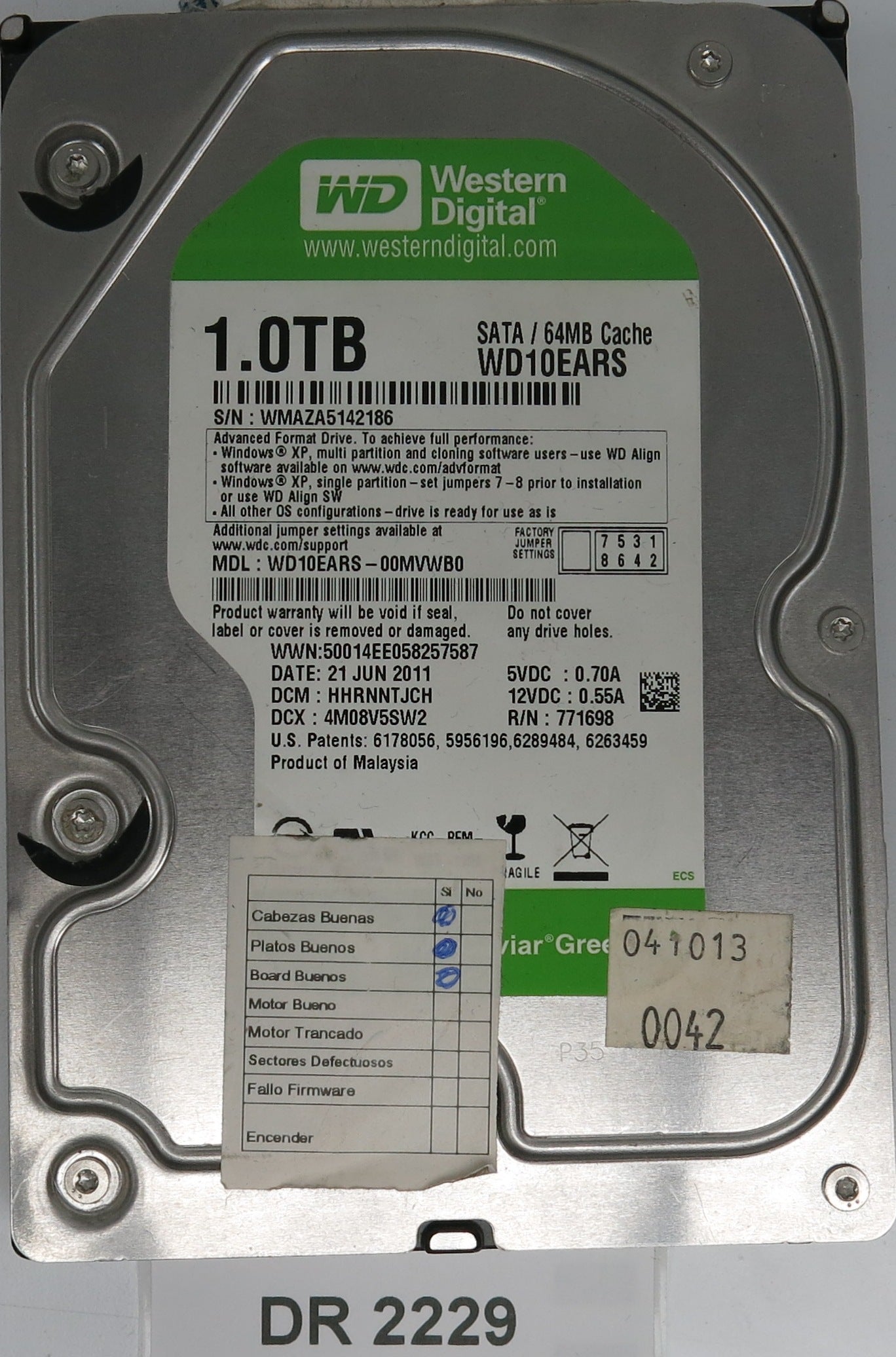 WD10EARS-00MVWB0, DCM HHRNNTJCH,  WMAZA51442186, 1.0TBGB 3.5, PCB 2060-771698-002 REV A