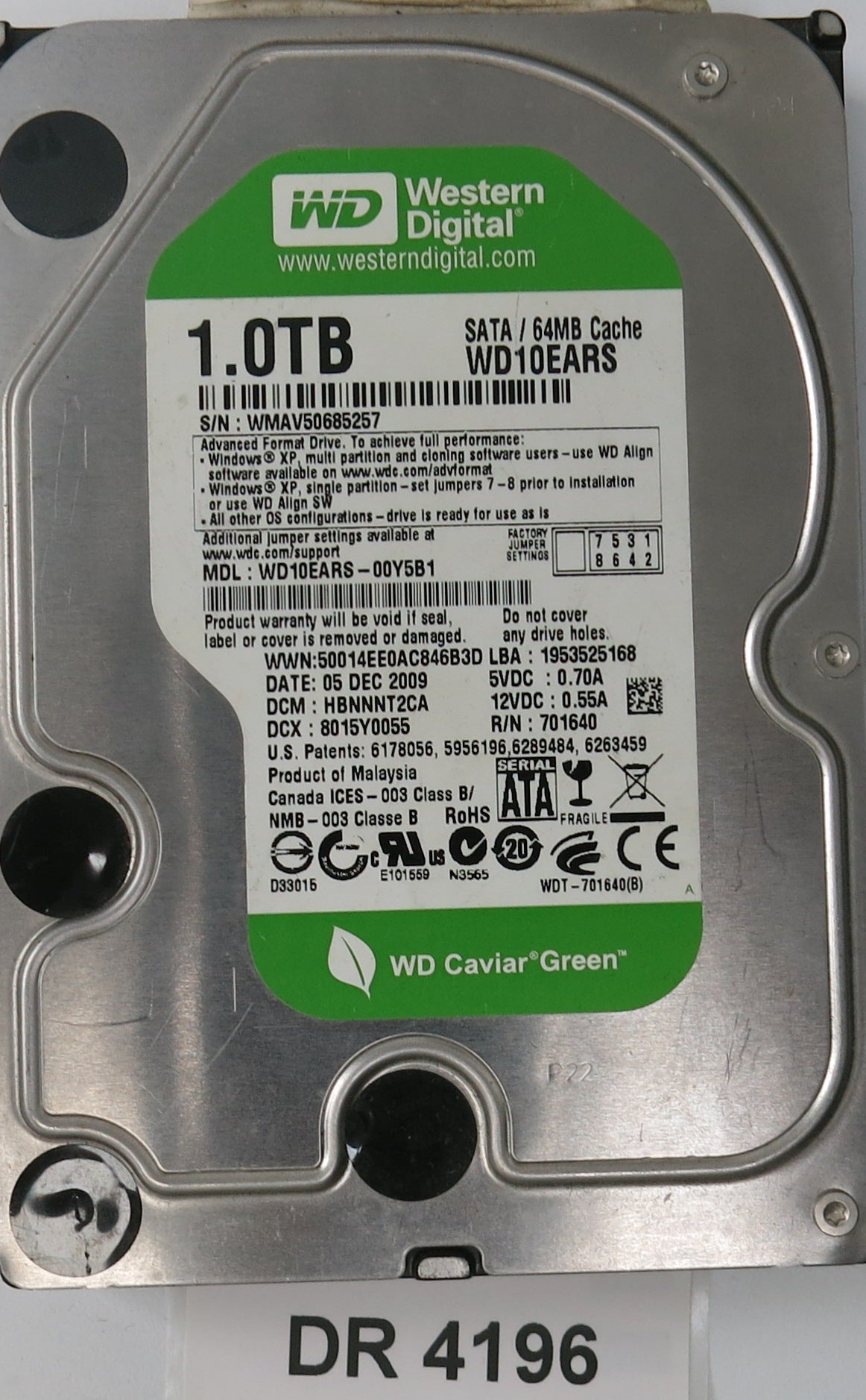 WD10EARS-00Y5B1,  Serial: WMAV50685257,  1.0TB 3.5,  PCB 2060-701640-002 REV A