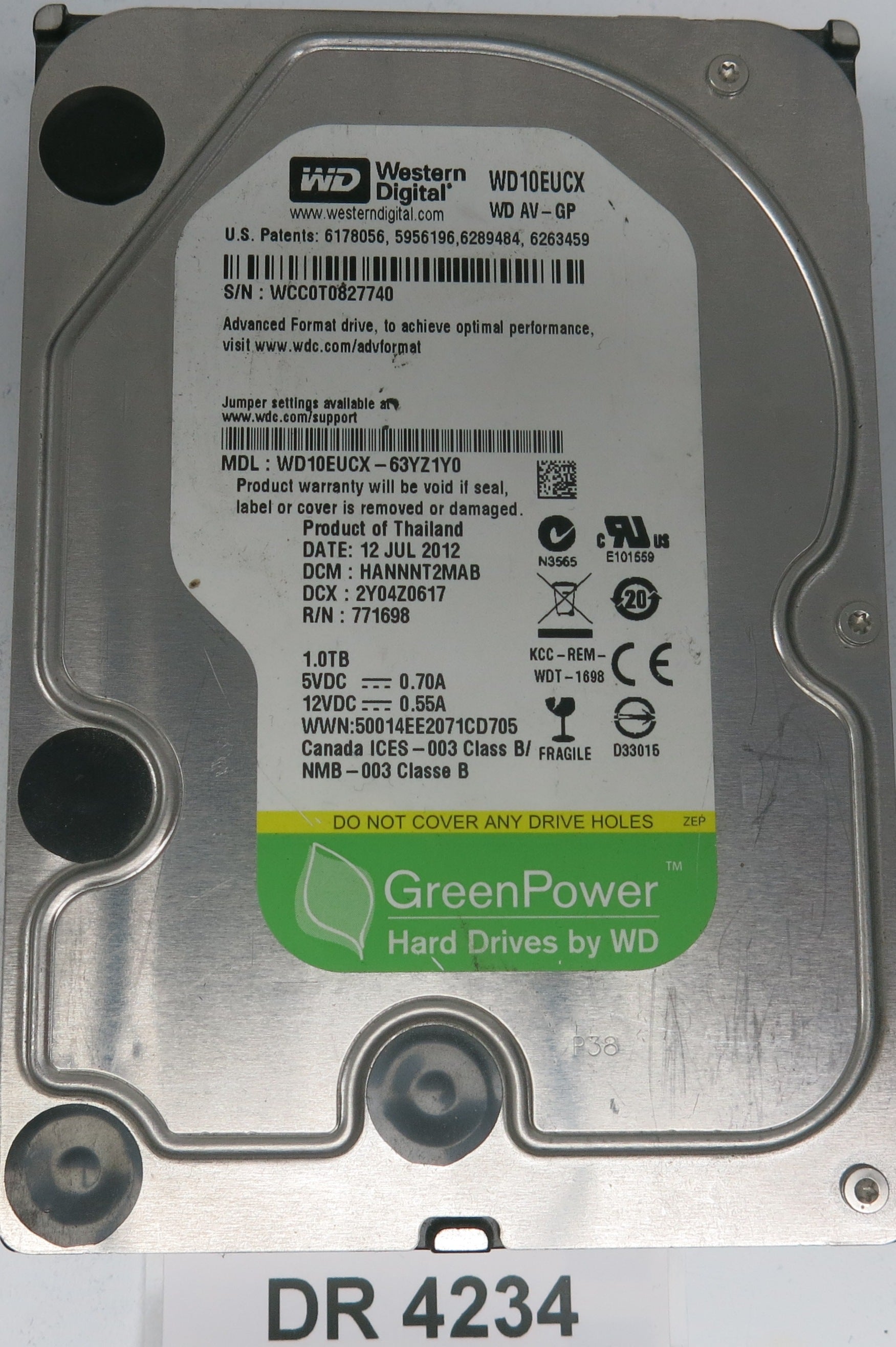 WD10EUCX-63YZ1Y0,  DCM: HANNNT2MAB,  Serial: WCC0T0827740,  1.0TB 3.5,  PCB 2060-771698-004 REV A