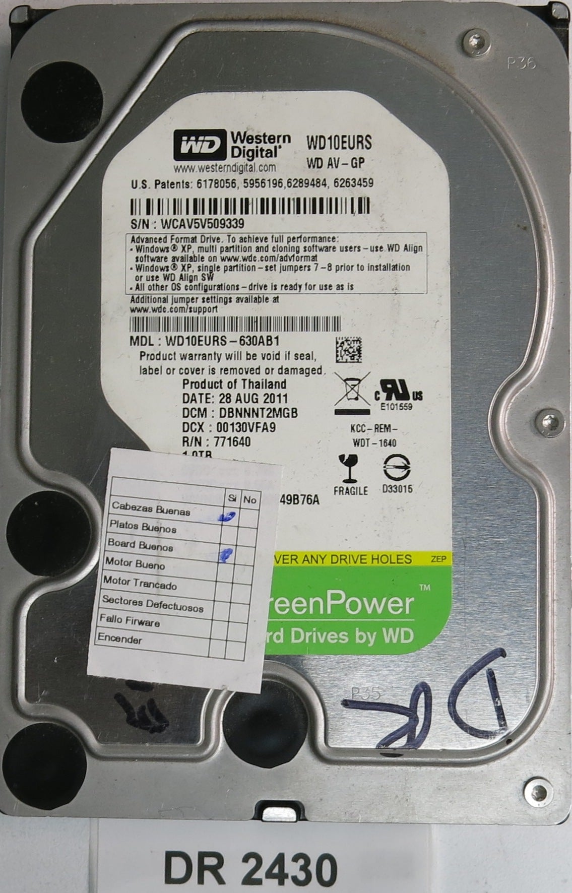 WD10EURS-630AB1, DCM DBNNNT2MGB, 1.0TB 3.5, PCB 2060-771640-003 REV A